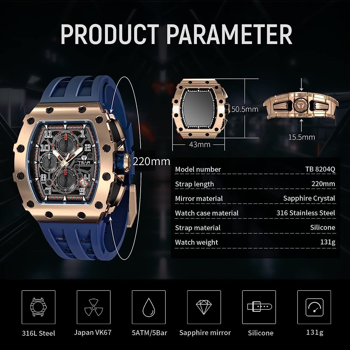 TSAR BOMBA Men's Luxury Chronograph Watch - 50M Waterproof, Luminous Hands, Date Display, Japanese Quartz Movement, Sapphire Crystal, Silicone Strap - Fashion Sport Watch for Business, Casual & Outdoor Activities - Perfect Gift for Men