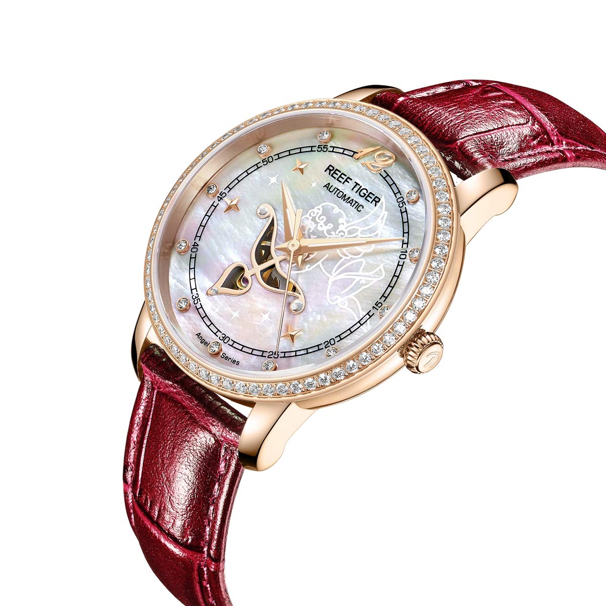 REEF TIGER Luxury Rose Gold Automatic Watch for Women - Genuine Leather Strap, Water Resistant, Elegant Dress Watch (Model RGA1550) | Perfect for Business, Party & Everyday Wear