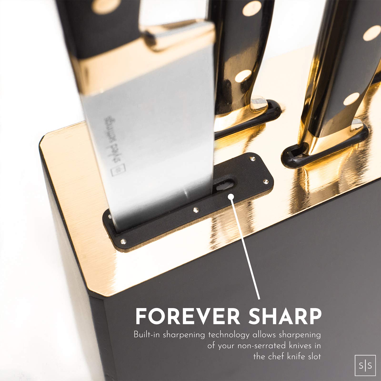 Premium 6-Piece Black & Gold Knife Set with Wooden Block & Sharpener - High-Quality Kitchen Knives for Professional Chefs & Home Cooking - Perfect for Meat Cutting, Vegetable Chopping & Gourmet Meal Prep