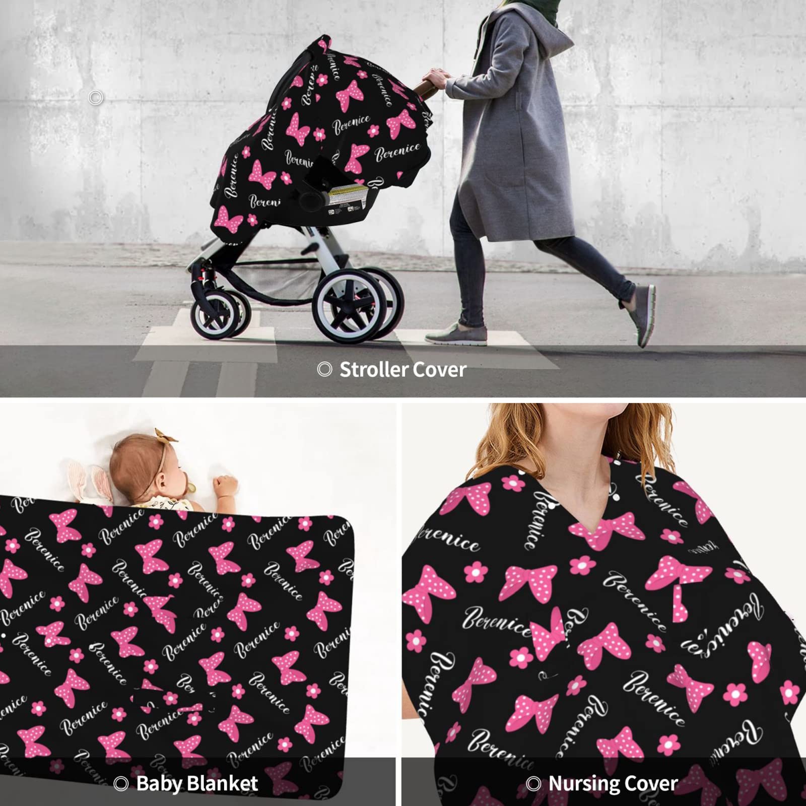 Personalized Pink Baby Car Seat Canopy for Girls - Custom Name Embroidered Infant Seat Cover, Peekaboo Minky Nursing Stroller Cover (27.5