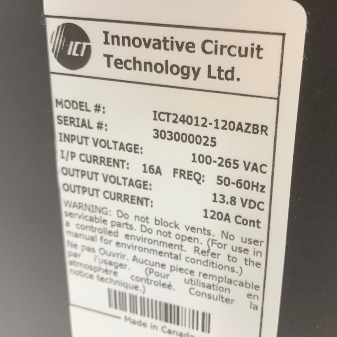 Innovative Circuit ICT ICT24012 120AZBR 12VDC 120A High Current Rackmount Power Supply for Industrial Equipment, Data Centers & Telecom Systems
