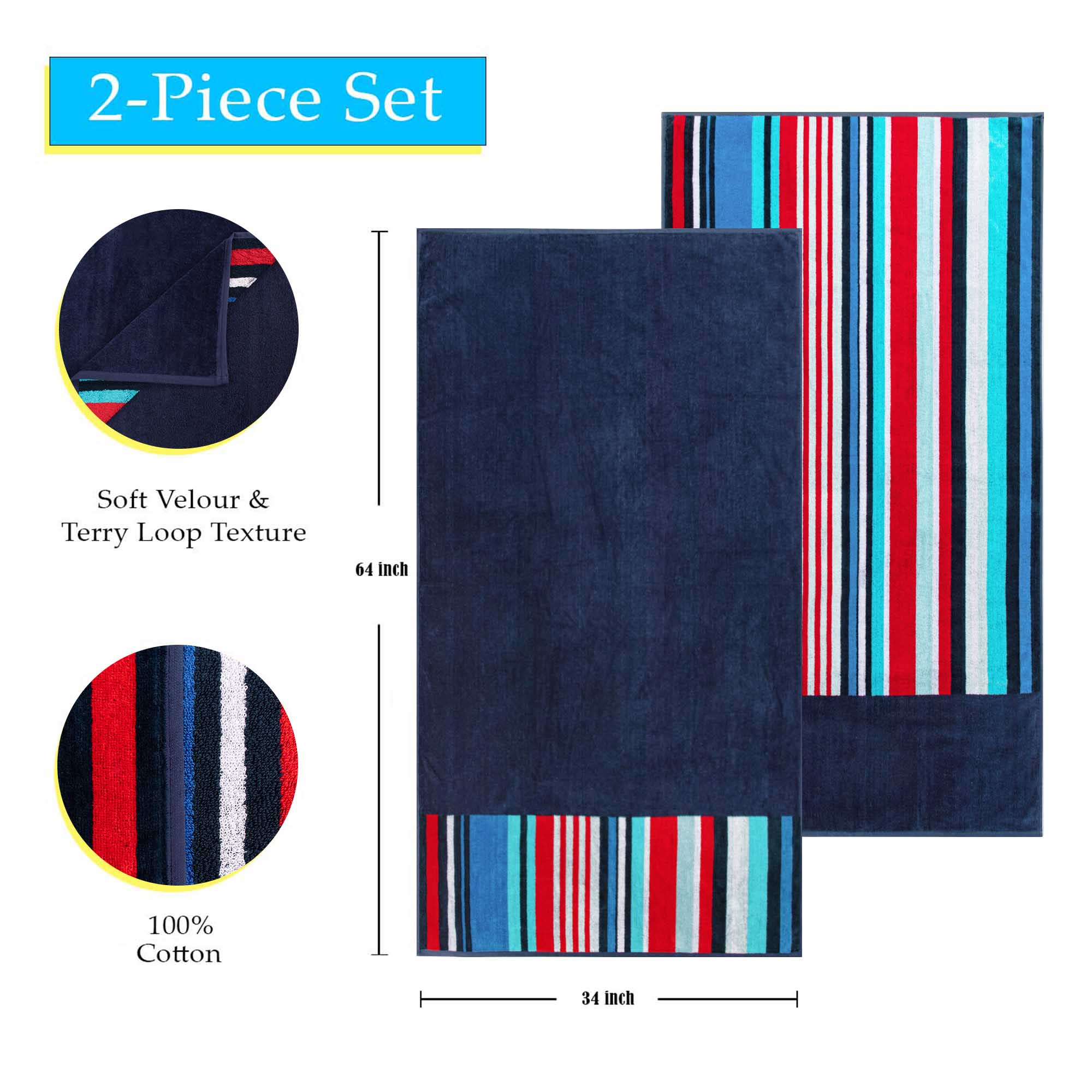 Nautical Stripe Cotton Oversized 4-Piece Beach Towel Set - Soft, Absorbent & Quick-Dry for Pool, Beach, Vacation & Yoga - Perfect Summer Accessories