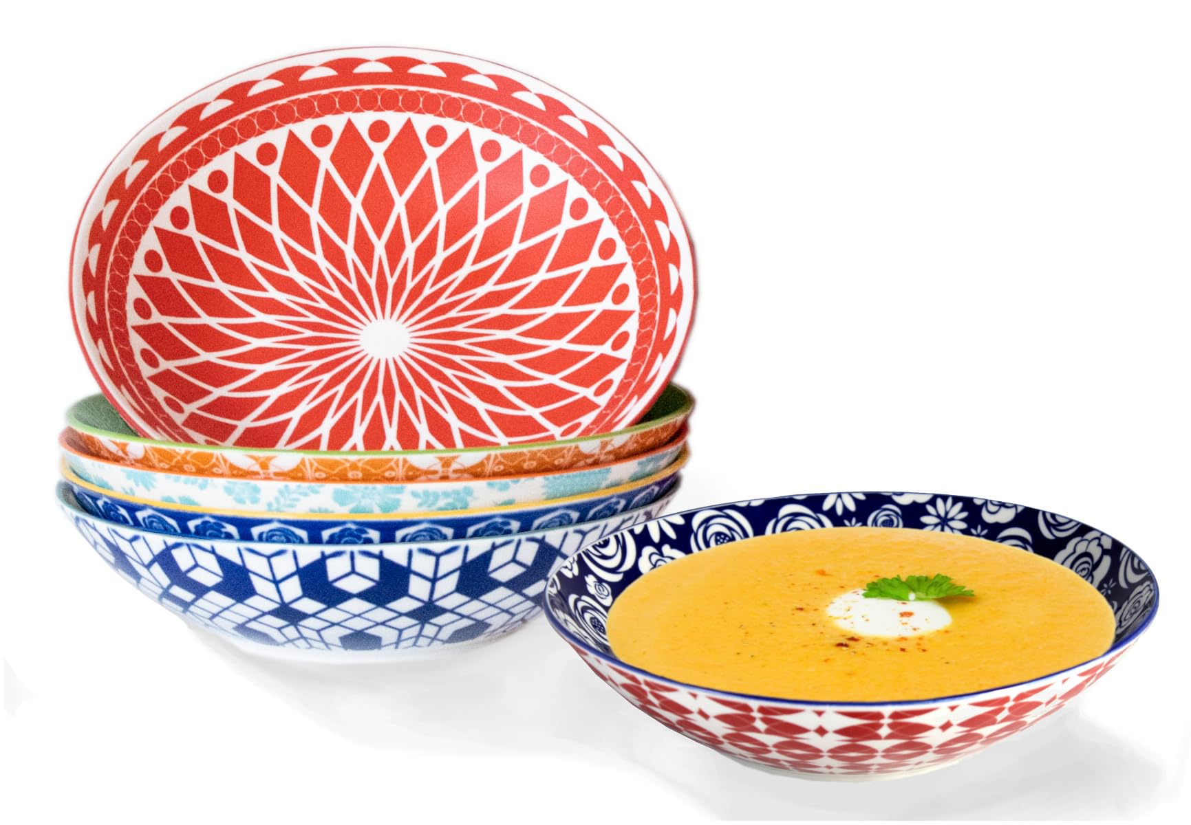 Annovero 42oz Pasta Bowls Set of 6 - Microwave & Dishwasher Safe Colorful Porcelain Soup & Salad Bowls for Kitchen & Dining