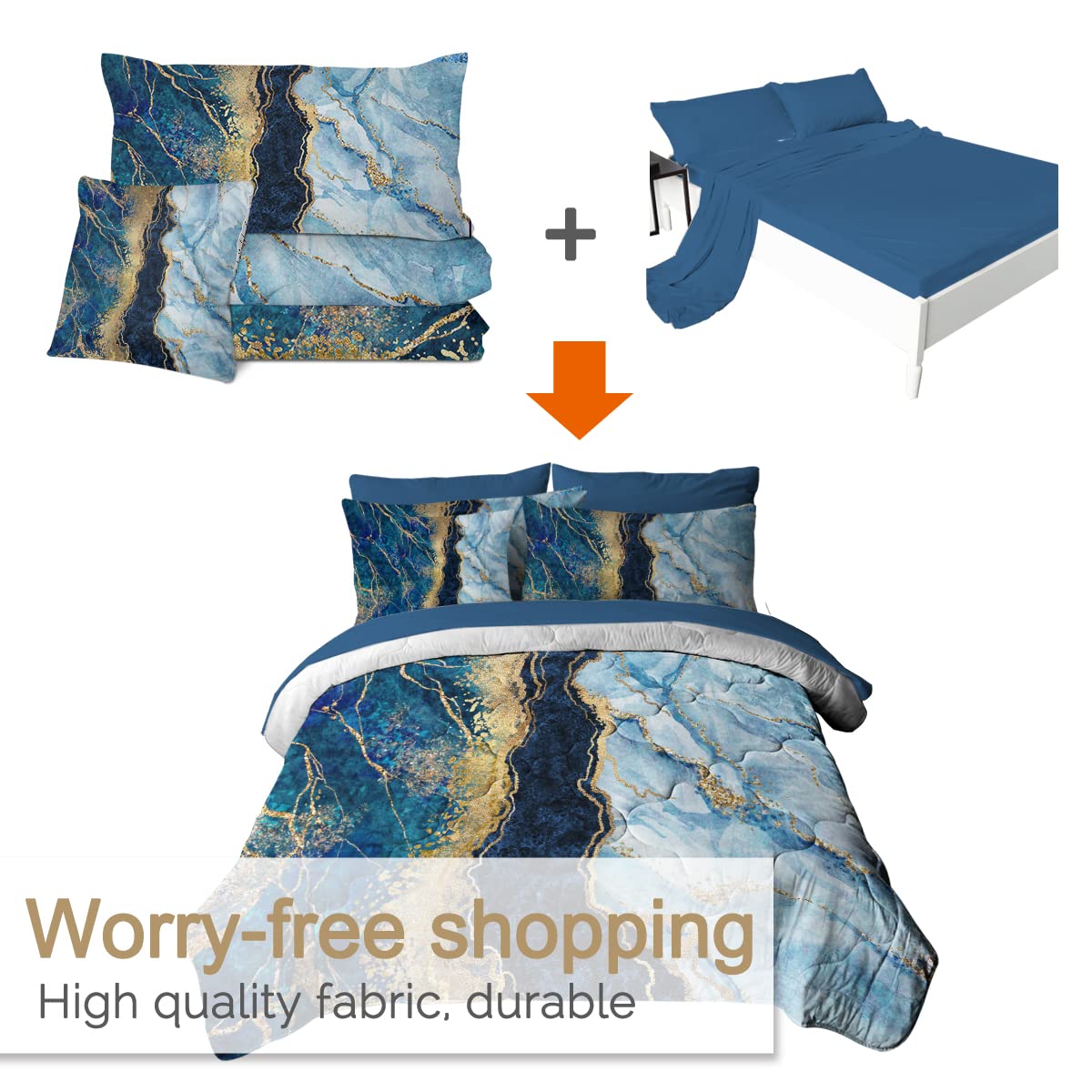 BlessLiving Luxury Queen Size Comforter Set - Navy Blue Gold Glitter 8-Piece Bedding Set with Ultra Soft Abstract Design, All-Season Durable Marble Print Bed in a Bag | Perfect for Modern Bedrooms, Guest Rooms & Dorm Decor