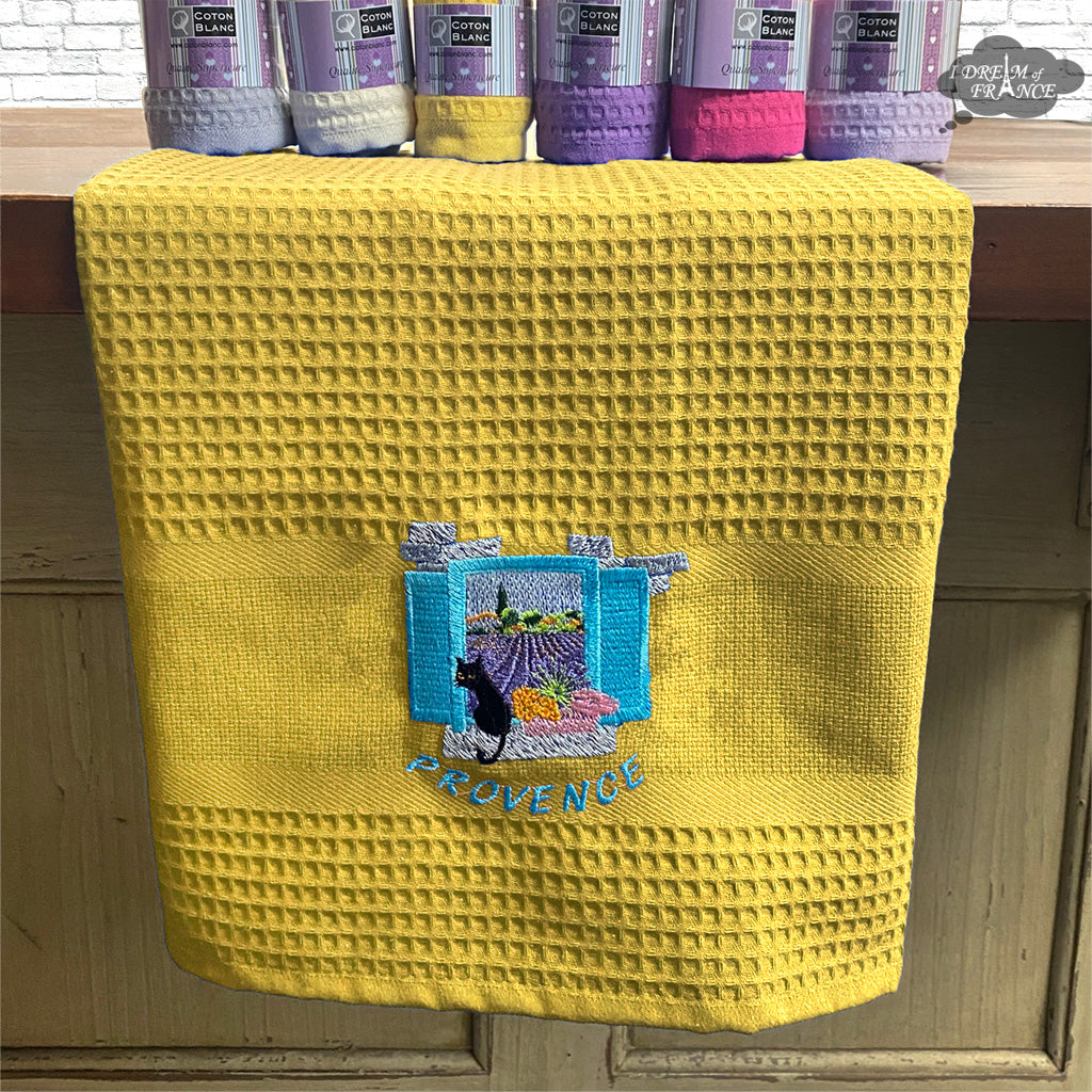 Premium Provence Window Yellow Waffle Weave Kitchen Towels by Coton Blanc - Absorbent & Decorative Dish Towels for French Country Kitchen, Baking & Hosting