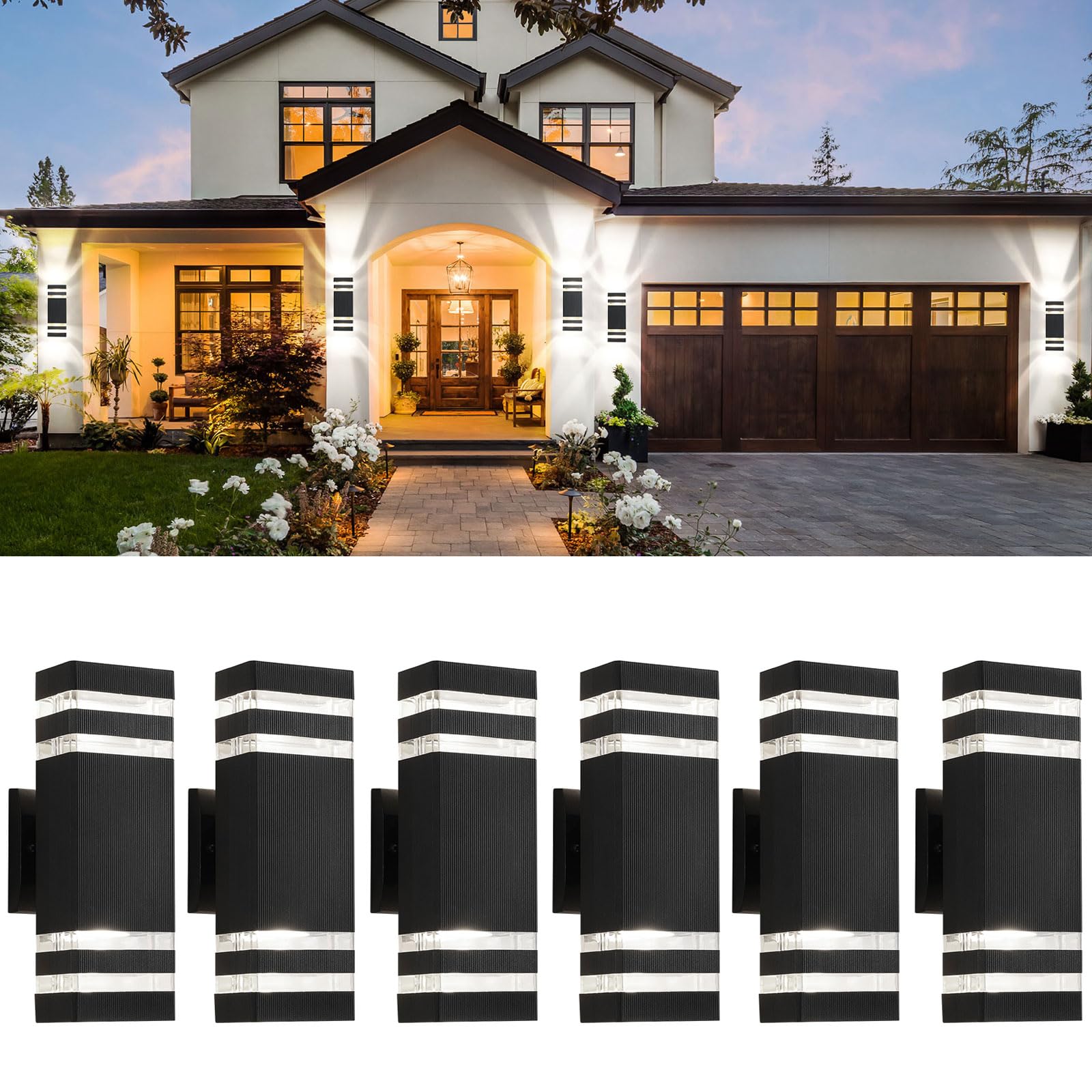 6 Pack Outdoor Wall Lights - Black Modern Waterproof Aluminum Exterior Light Fixtures for House, Garage & Porch | Up and Down Wall Sconces with 2-Layer Design | Perfect for Outdoor Entryway, Patio, Garden and Driveway Lighting