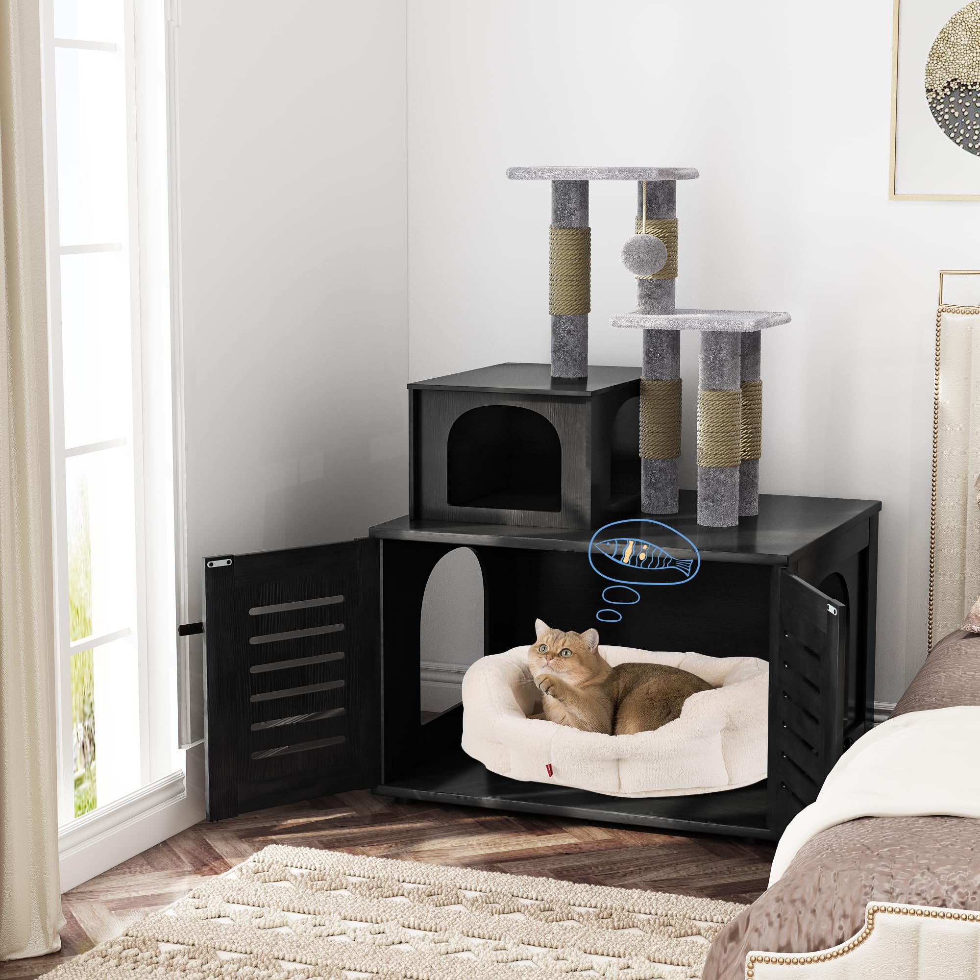 DKLGG Large Wooden Cat Tree with Hidden Litter Box Enclosure - Multi-Level Cat House with Sisal Scratching Post, Plush Perch & Washroom Divider - Perfect for Indoor Cats & Small Spaces