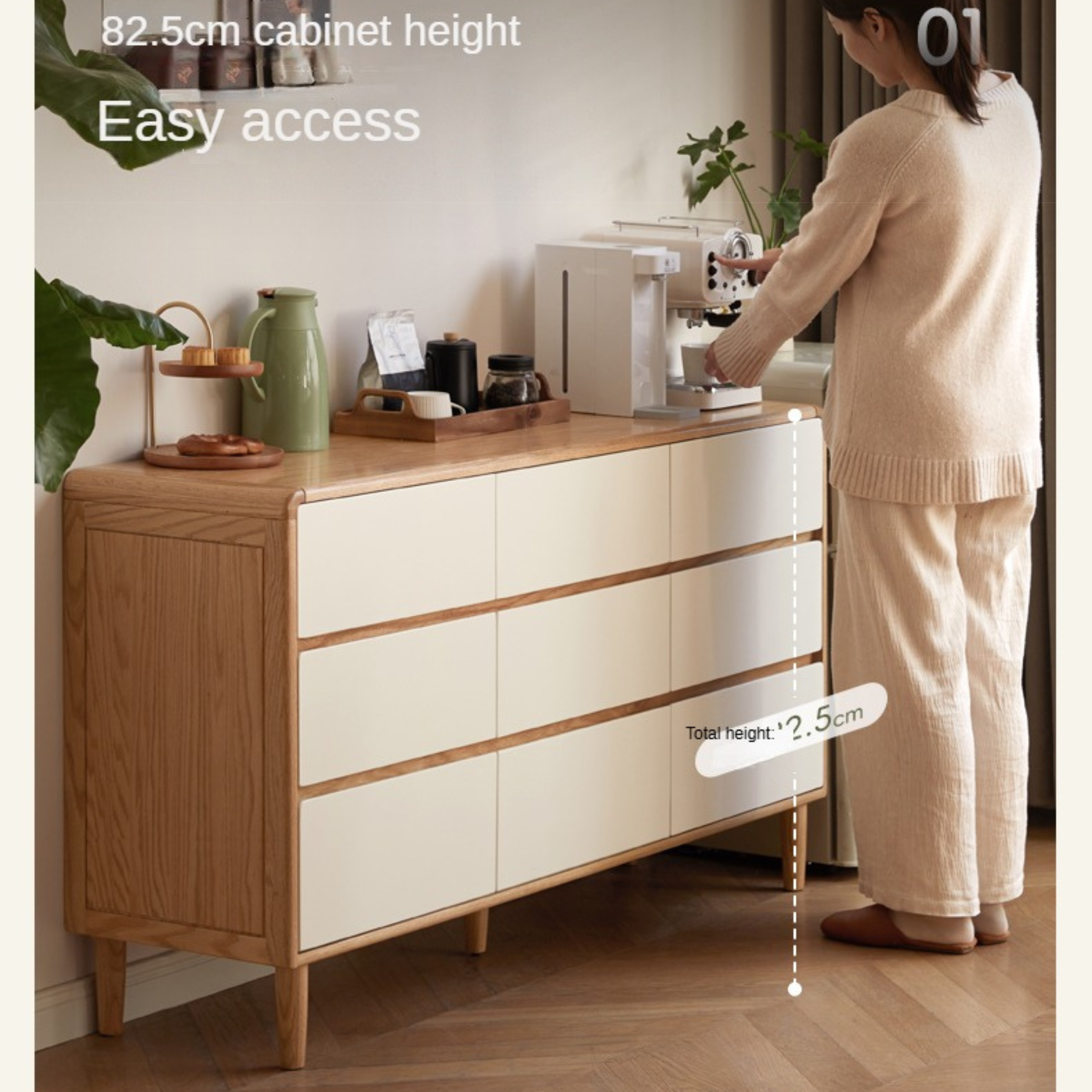 Oak Solid Wood Modern Nine Drawer Cabinet - Stylish Storage Solution for Bedroom, Living Room & Office Organization