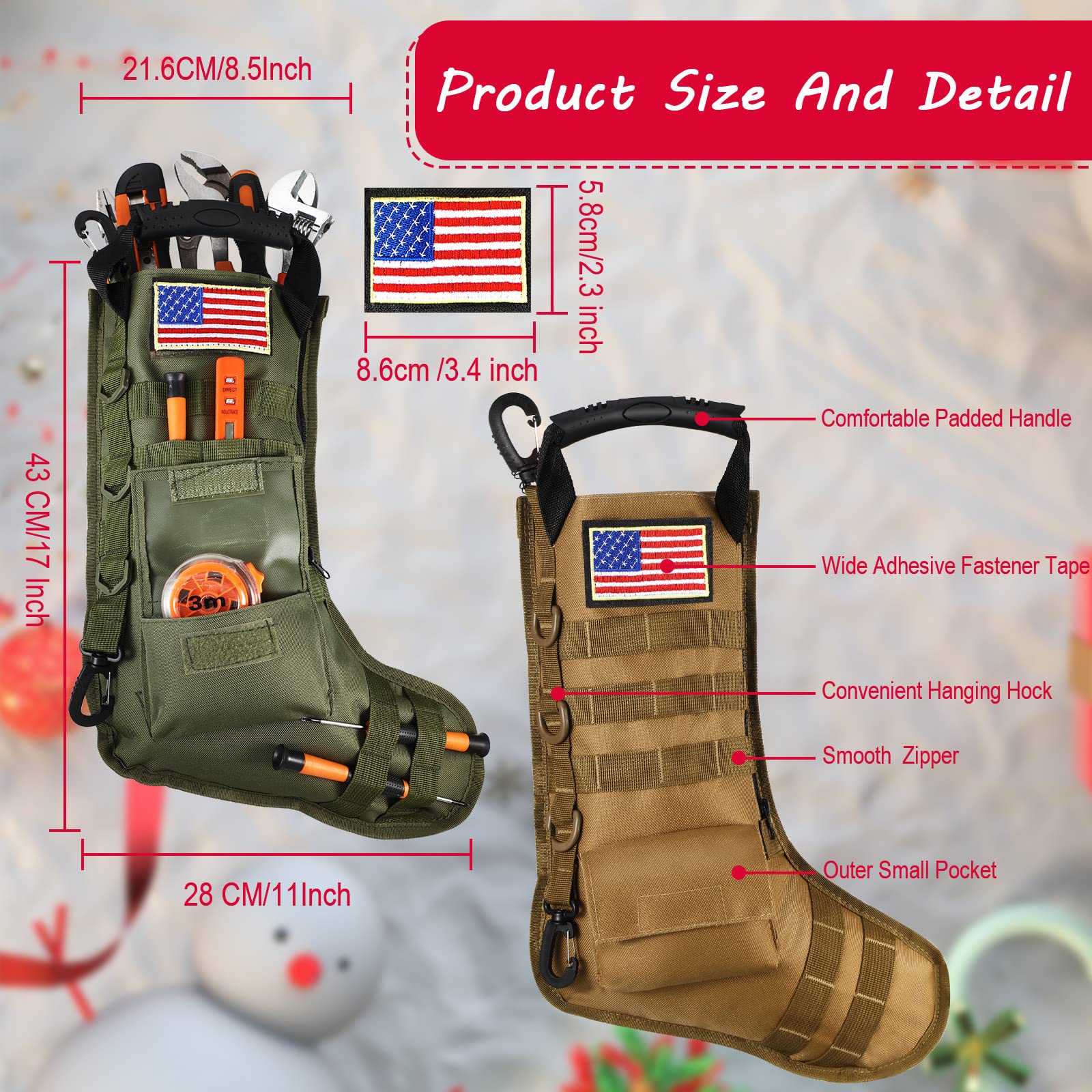WILLBOND 2 Pack Tactical Military Christmas Stockings with American Flag Patches - MOLLE Compatible Gear Pouch for Holiday Decorations, Xmas Tree Ornaments & Home Decor (Bright Style) - Perfect for Military-Themed Christmas, Soldier Gifts & Patriotic Holiday Decor