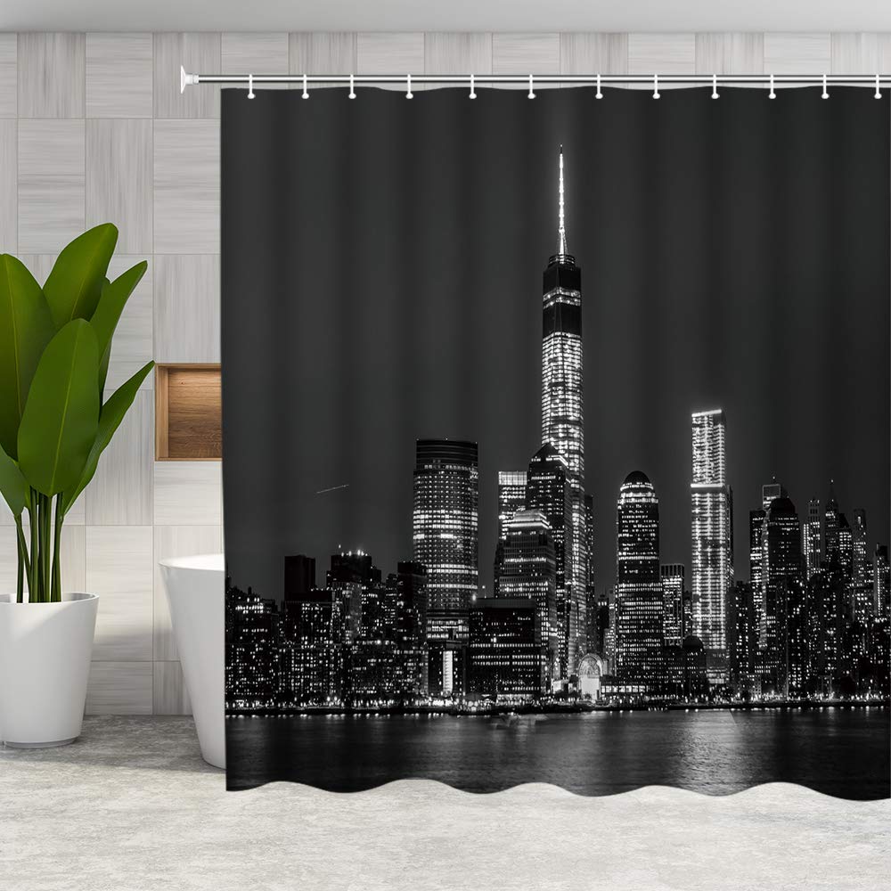 Stylish Black New York Skyline Shower Curtain - Premium Polyester Fabric Bathroom Decor with Hooks - Perfect for Modern Bathrooms & City-Themed Home Decor