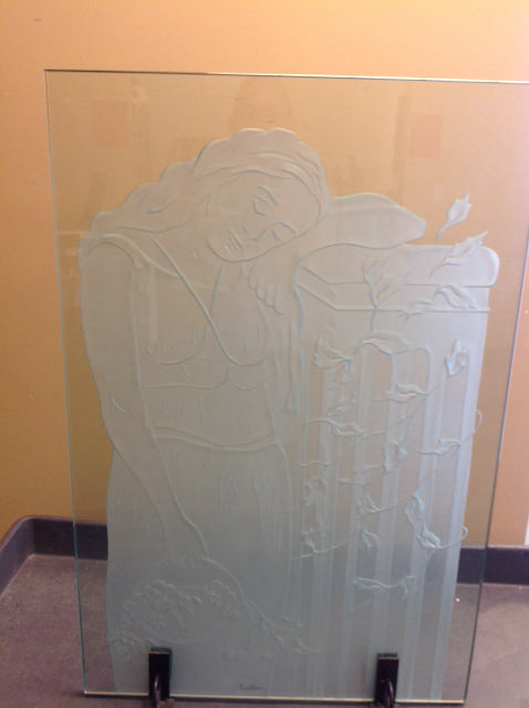 19x29 Art Deco Woman Frosted Glass Panel - Vintage Signed Home Decor for Living Room, Bedroom & Office Wall Art
