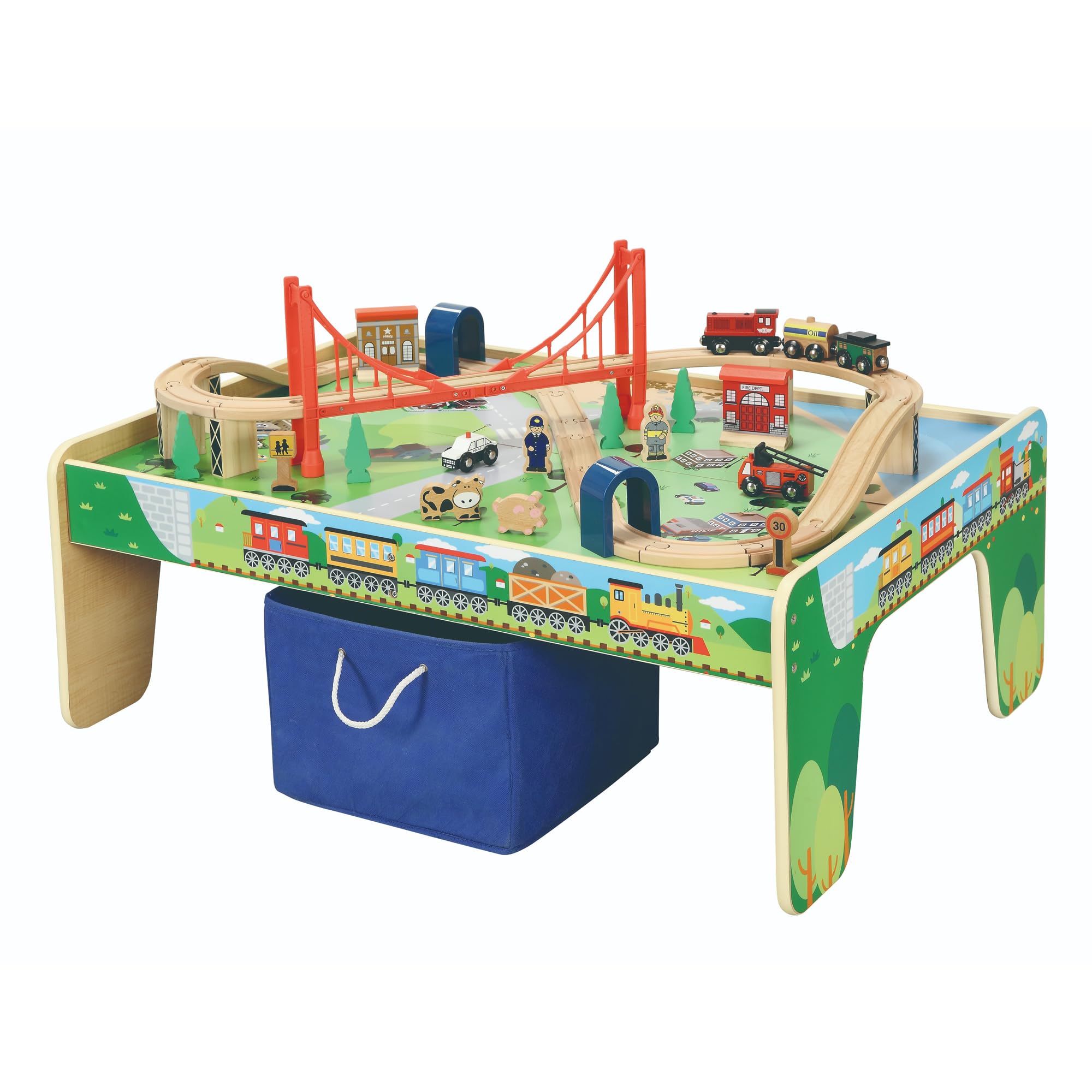 50-Piece Wooden Train Set with Activity Table & Storage Bin - 100% Hardwood Tracks, Engine, Oil Tanker, Caboose, Fire Truck, Train Station, Policeman & Farm Animals | Compatible with All Major Brands | Perfect for Kids' Playroom, Preschool Learning & Creative Imaginative Play