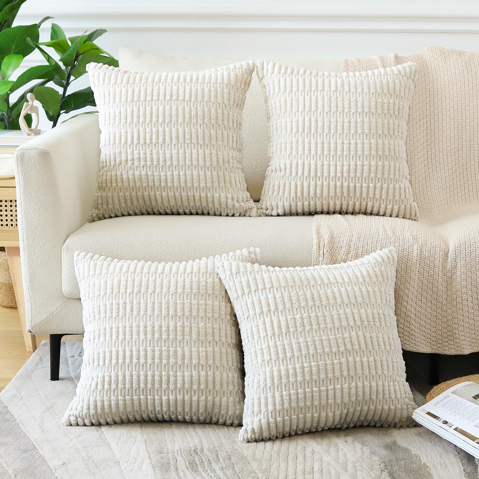 OTOSTAR Set of 4 Soft Corduroy Decorative Throw Pillow Covers 18x18 Inch (45x45cm) - Striped Square Boho Pillowcases for Sofa, Bedroom, Living Room, Patio & Farmhouse Decor - Cream White - Cozy Home Accent for Relaxation & Stylish Interior Design