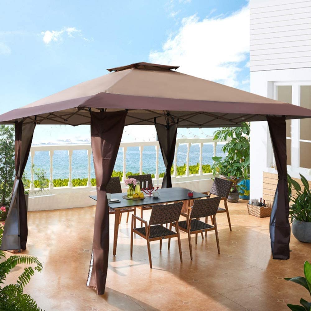 PHI VILLA 13'x13' UV Protection Sun Shade Gazebo Canopy with Hardware Kit - Outdoor Patio Garden Party Tent for Backyard, Poolside, and Camping Events - Brown