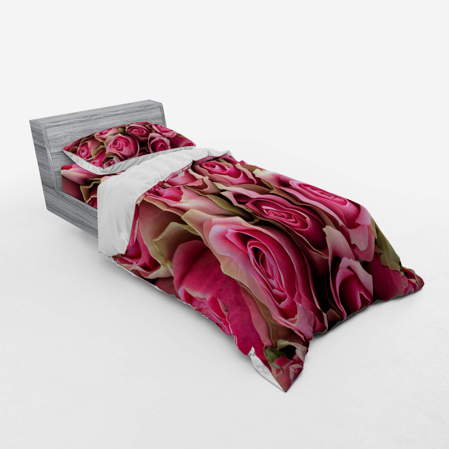 Ambesonne Rose Floral Bedding Set - 3 Piece Duvet Cover with Sham & Fitted Sheet, Twin Size, Pink & Pale Green - Romantic Valentine's Day Gift, Bridal Bouquet Design for Bedroom Decor - Perfect for Master Bedroom, Guest Room & Valentine's Day Presents