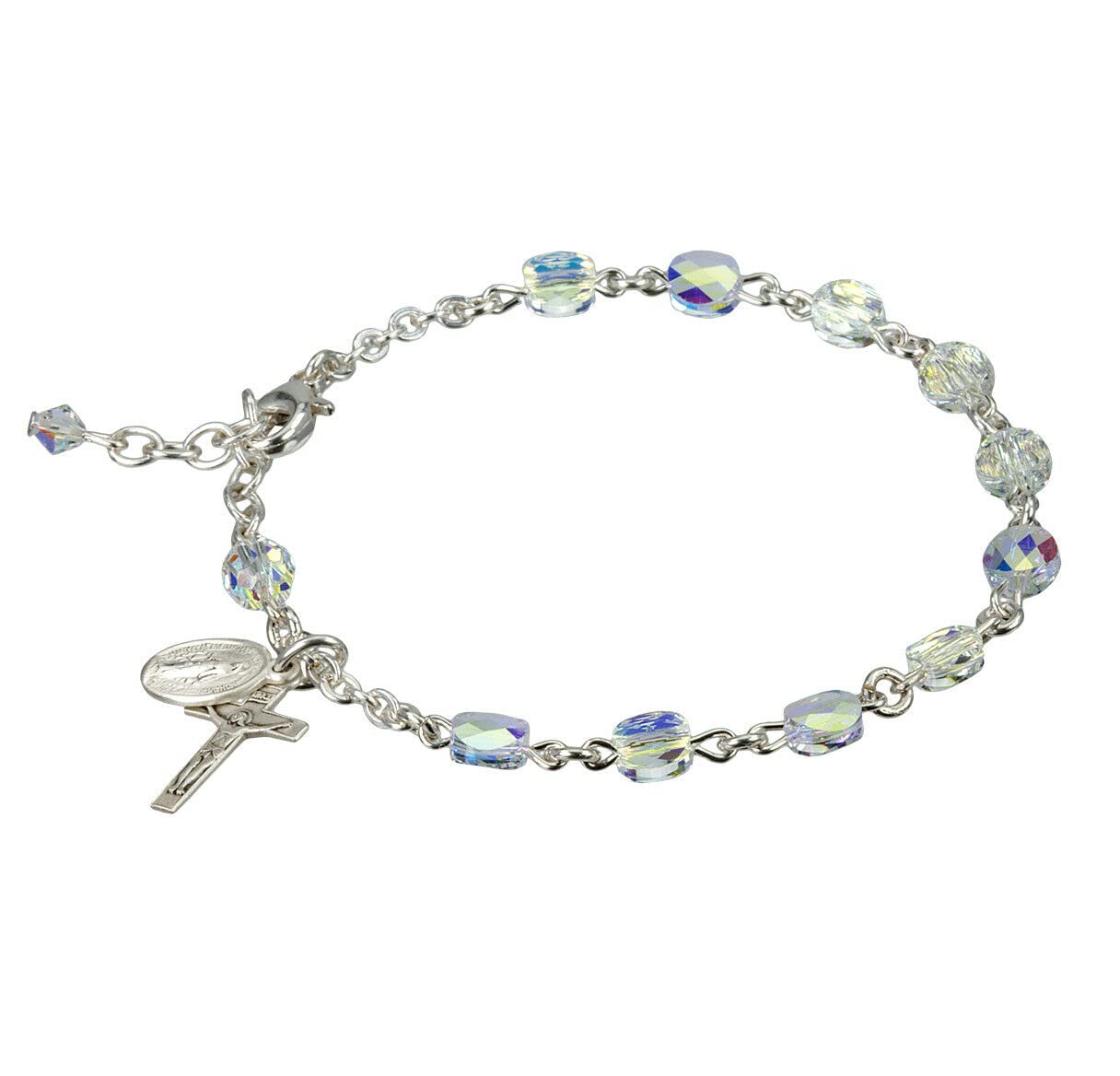 Christian Rosary Bracelet with Iridescent Glass Beads & Sterling Silver Charms - 7.5 Inch Prayer Jewelry for Religious Gifts, Daily Devotion & Spiritual Protection