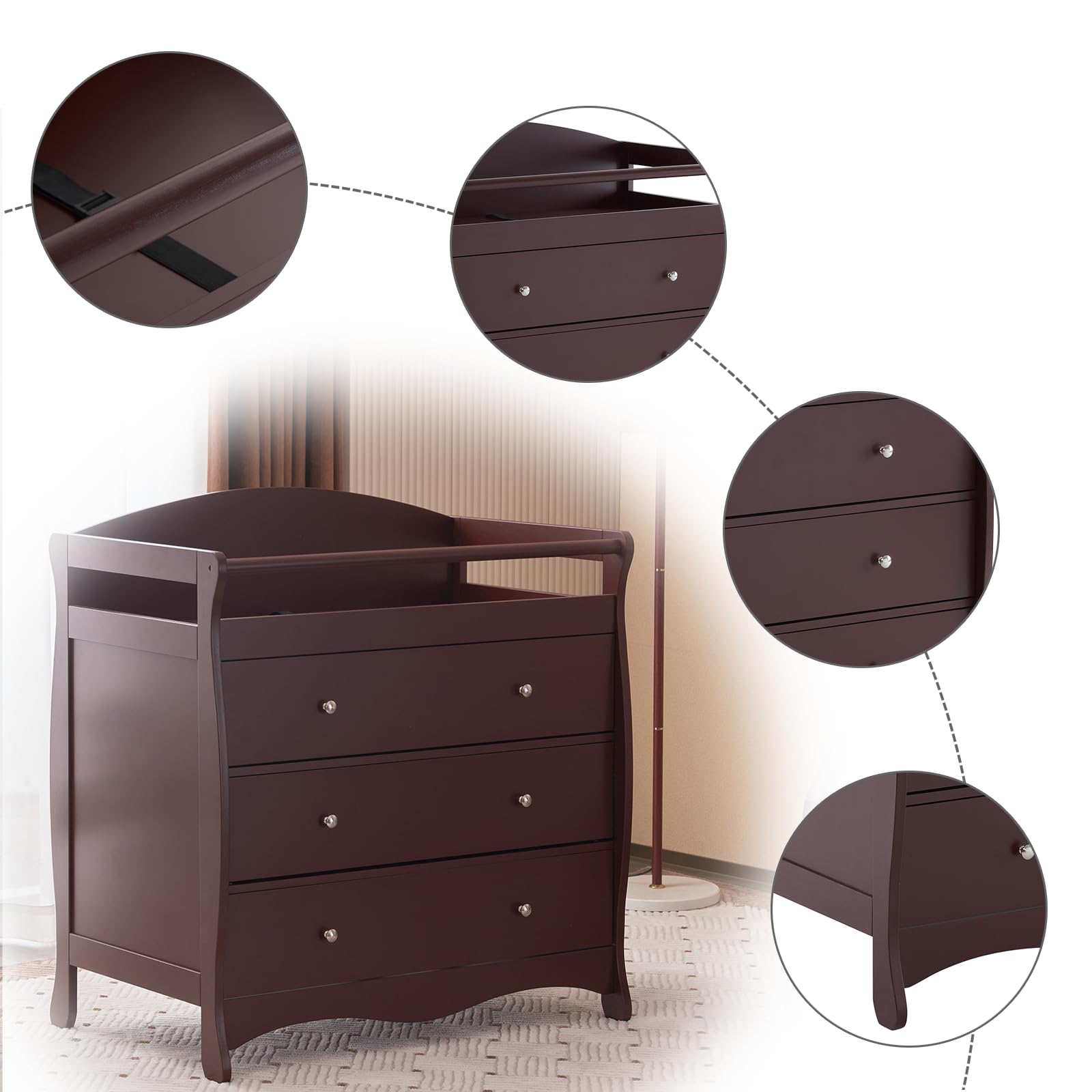Karl Home Baby Changing Table Dresser with 3 Drawers, Safety Rail & Strap - Nursery Changing Station for Diapers, Infant Care - Perfect for Bedroom, Nursery & Baby Room Organization (Brown)