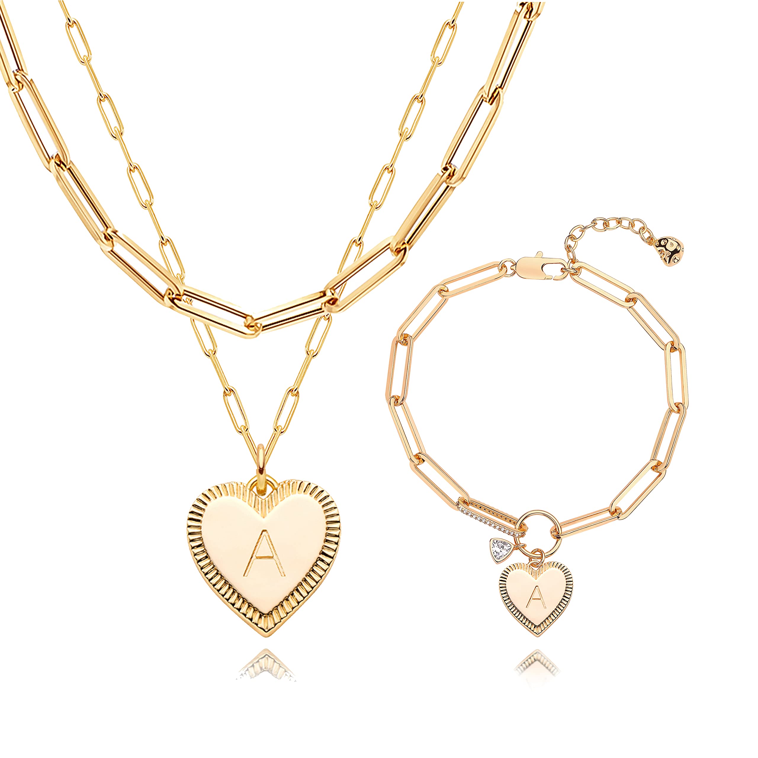 14K Gold Plated Women's Jewelry Set - Initial Heart Layered Necklace & Bracelet, Dainty Paperclip Choker Chain with Pendant | Perfect for Valentine's Day Gifts, Anniversary Presents & Everyday Elegance