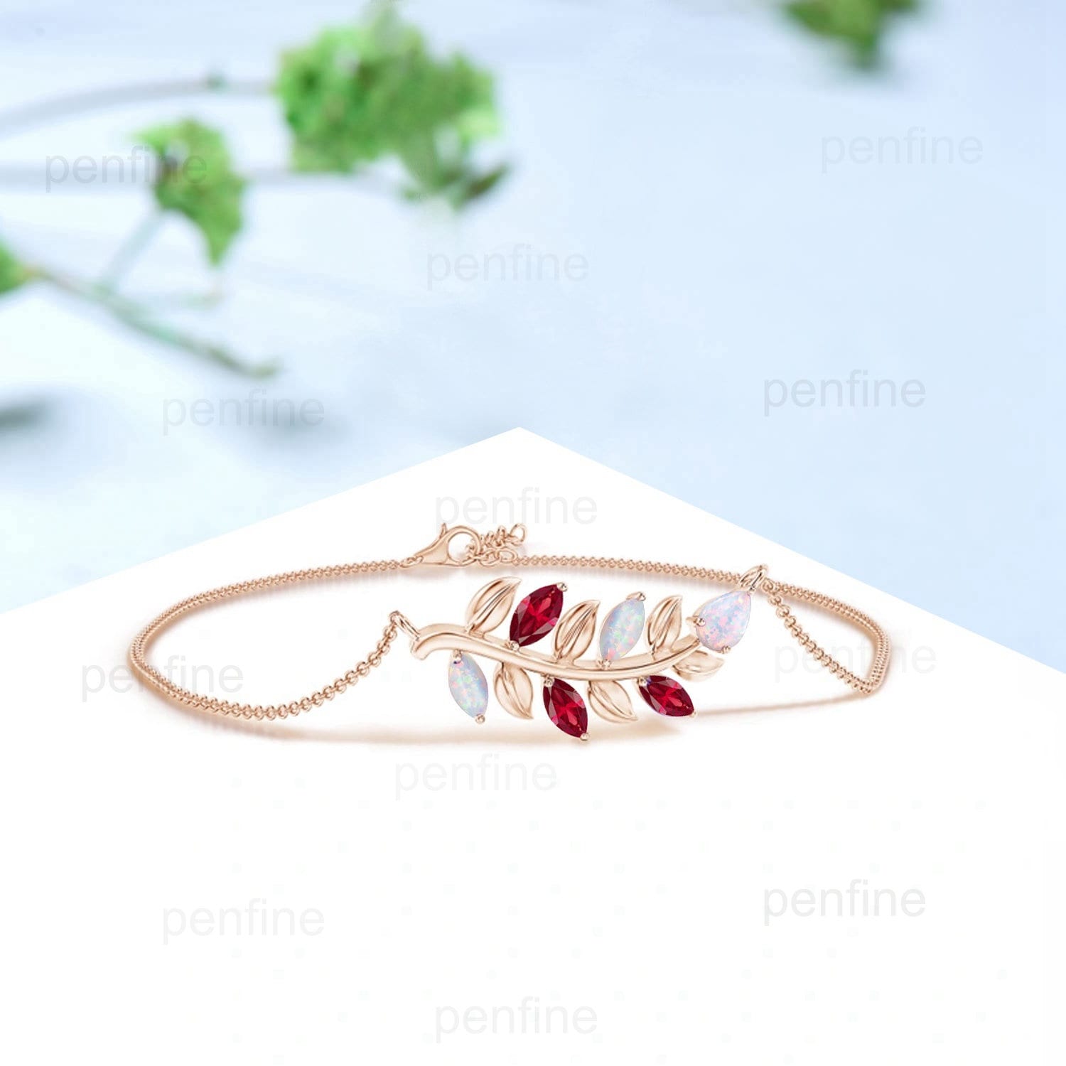 Vintage Nature-Inspired Marquise Cut Ruby Twig Branch Dainty Bracelet with Fire White Opal - Stackable Jewelry for Women, Perfect Birthday Gift for Her, Ideal for Casual Wear, Date Nights & Special Occasions