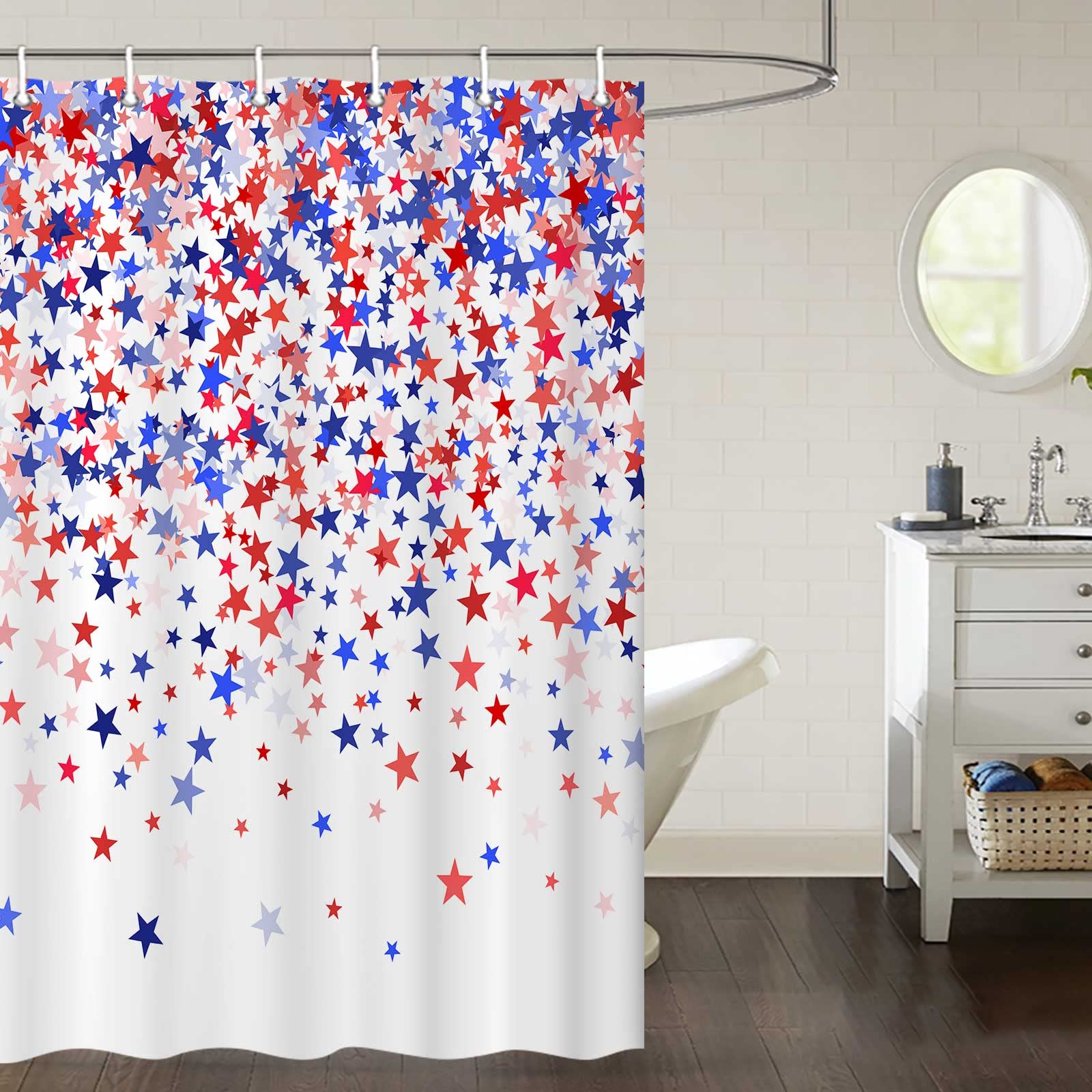 4th of July American Flag Shower Curtain Set with Hooks - Patriotic Independence Day Bathroom Decor in Red, White & Blue Stars (36x72 Inches) | Perfect for Holiday Home Decor & Patriotic Bathroom Themes
