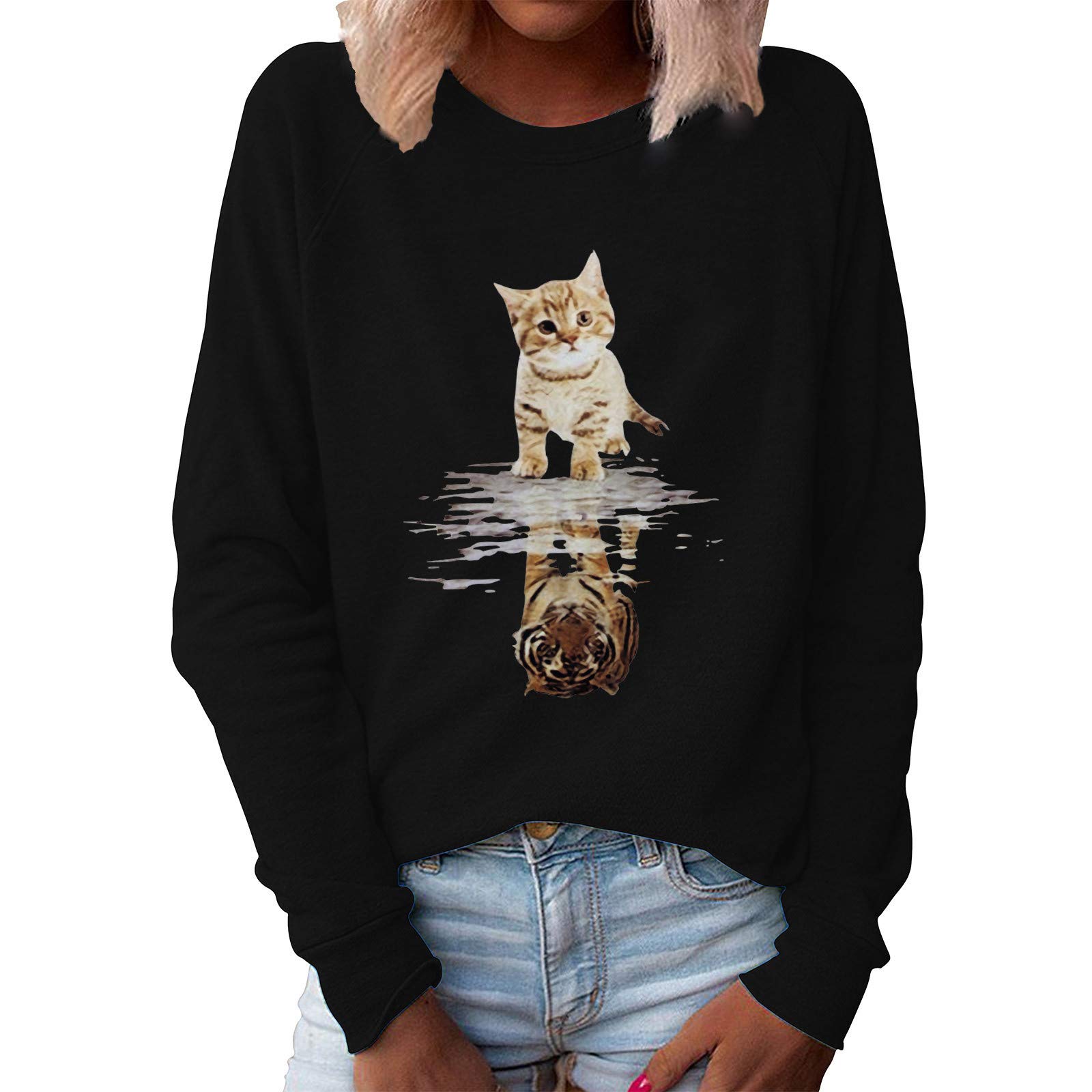 Women's Long Sleeve Casual T-Shirt with Cat Print - Soft Pullover Hoodie Sweater for Everyday Wear, Work & Weekend Outfits