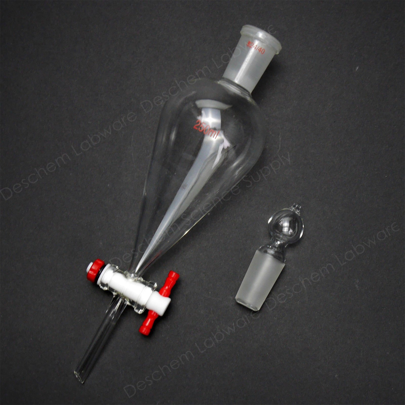 250ml 24/40 Glass Pear-Shaped Separatory Funnel with PTFE Stopcock & Straight Drop Tube - Ideal for Chemical Extraction, Lab Distillation & Essential Oil Separation