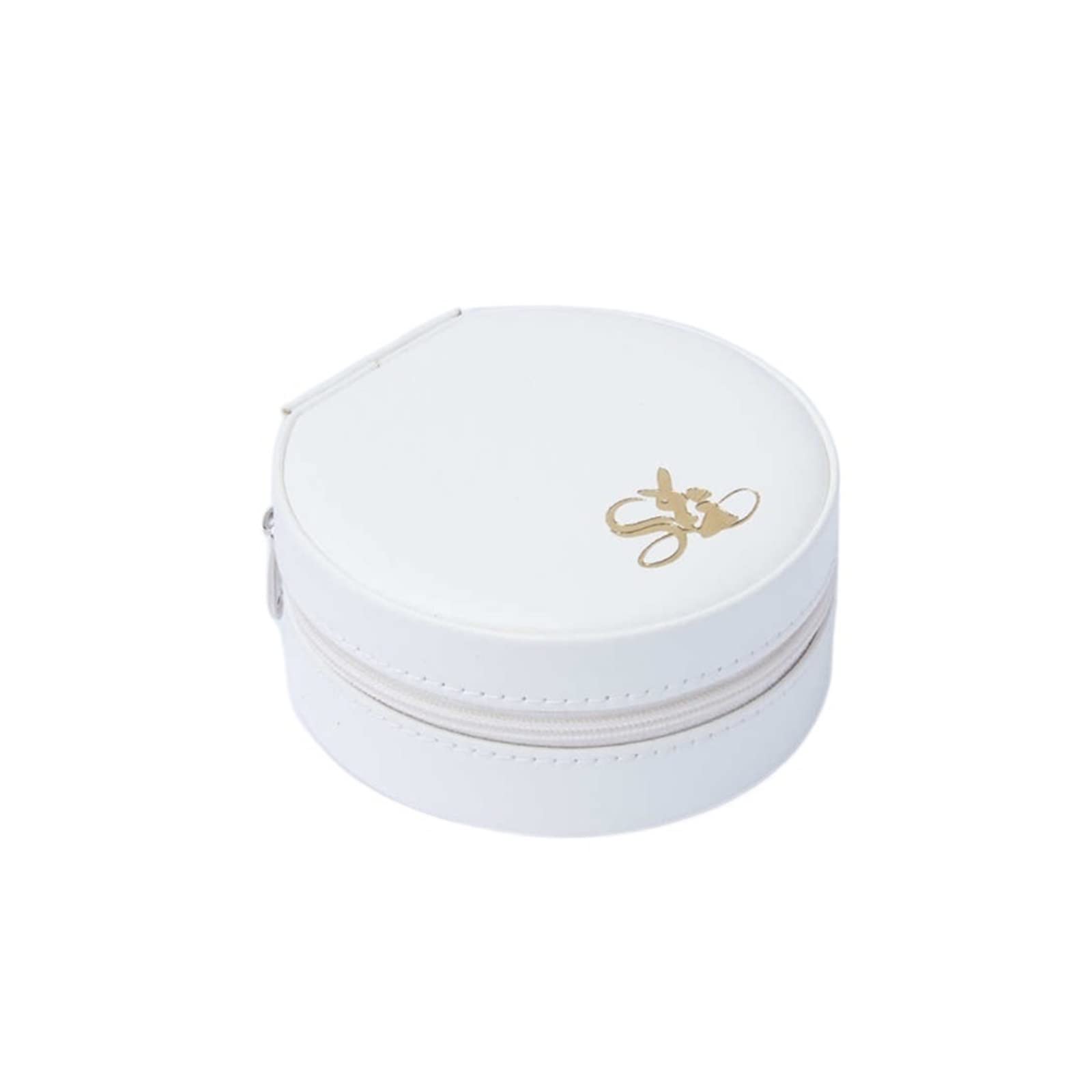 Round Zipper Jewelry Storage Box - Flannel Lined Ring, Stud Earrings & Necklace Organizer - White Jewelry Box for Travel, Gift & Home Storage