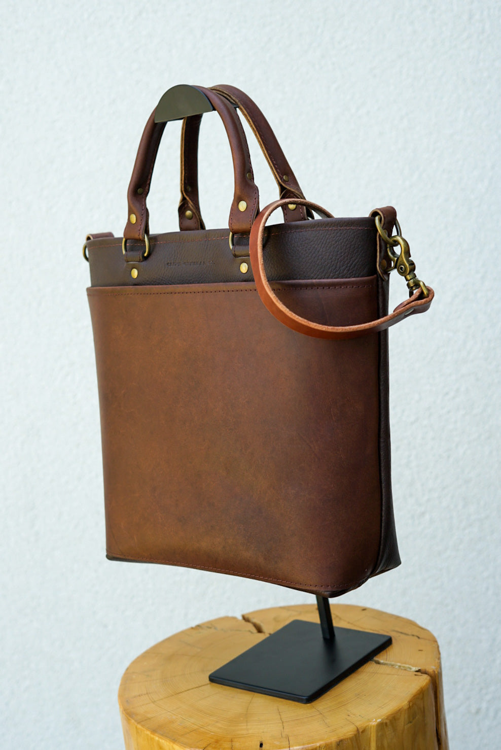 Two-Tone Leather Handbag - Pebbled Brown & Dark Amber Harness Accents - Stylish Women's Purse for Work, Travel & Everyday Use
