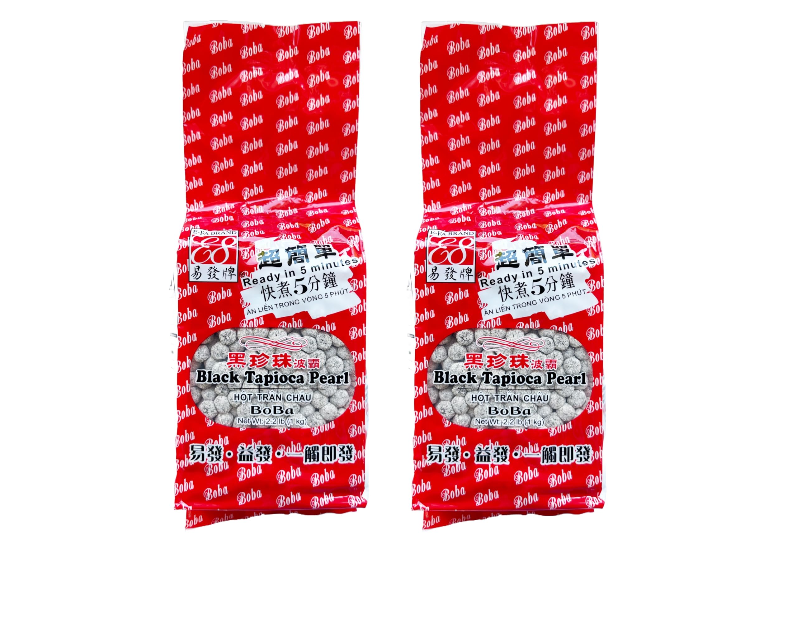 E-FA BRAND Boba Black Tapioca Pearls for Bubble Tea - Ready in 3-5 Minutes (Microwave or Stovetop) - 2.2 LB Pack of 2 - Perfect for Homemade Bubble Tea, Milk Tea, Desserts & Party Snacks