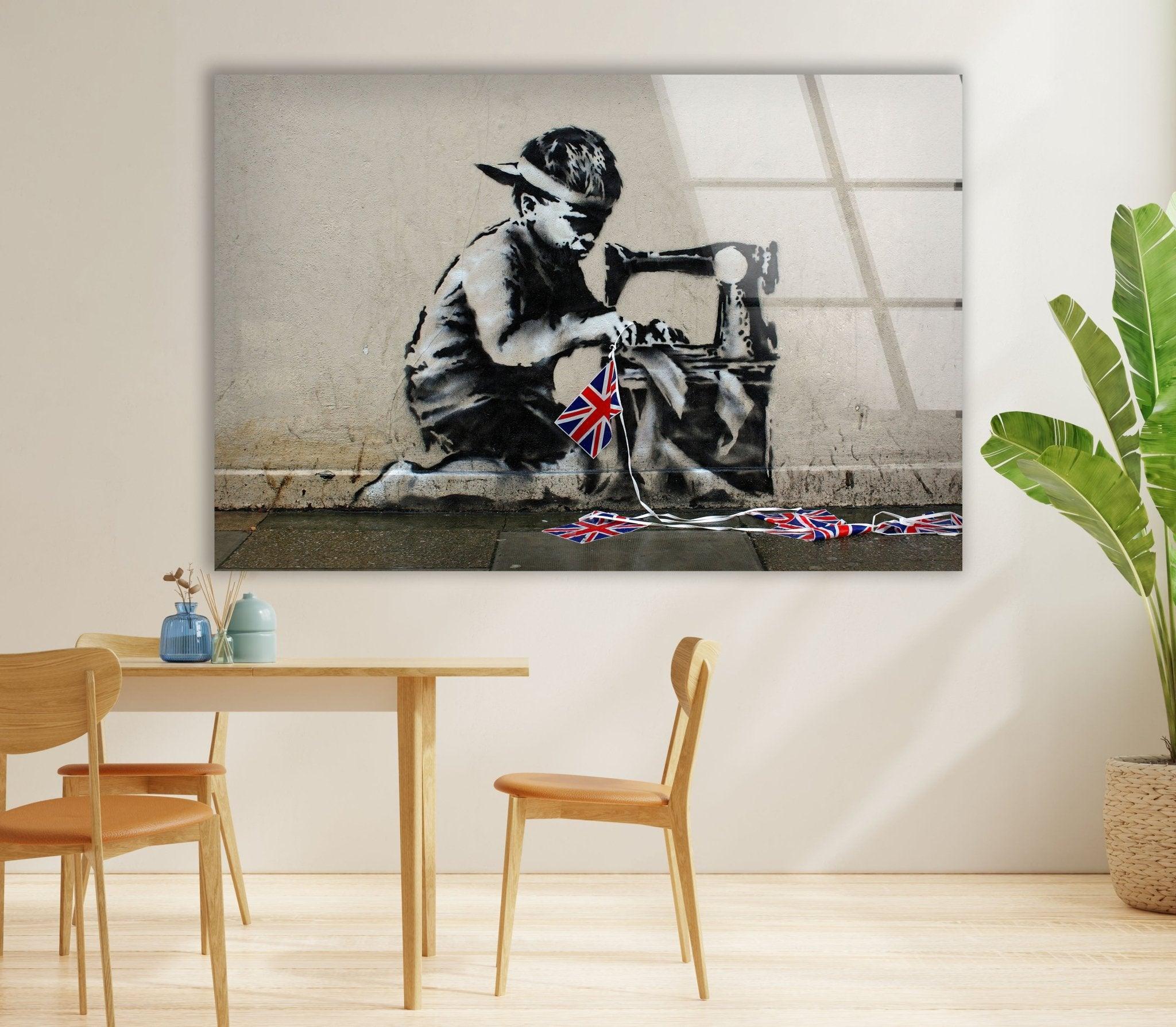 Banksy UK Flag Glass Wall Art - Modern British Street Art Decor for Living Room, Office & Gifts
