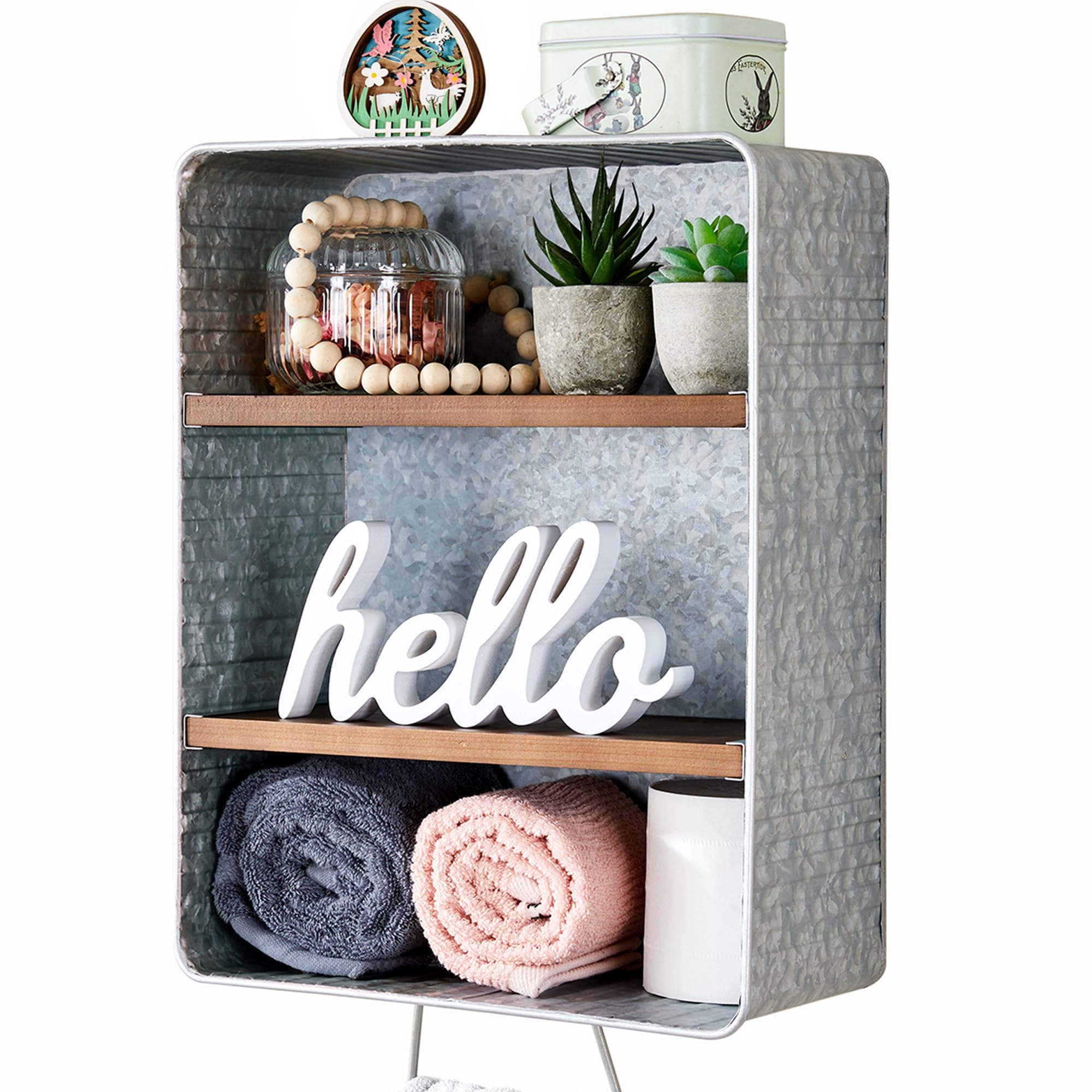 WOODEXPE Galvanized Wash Tub with Shelves - Rustic Farmhouse Bathroom Shelf Decor for Vintage Style | Perfect for Bathroom Storage, Farmhouse Sink Organizer & Country Home Decor