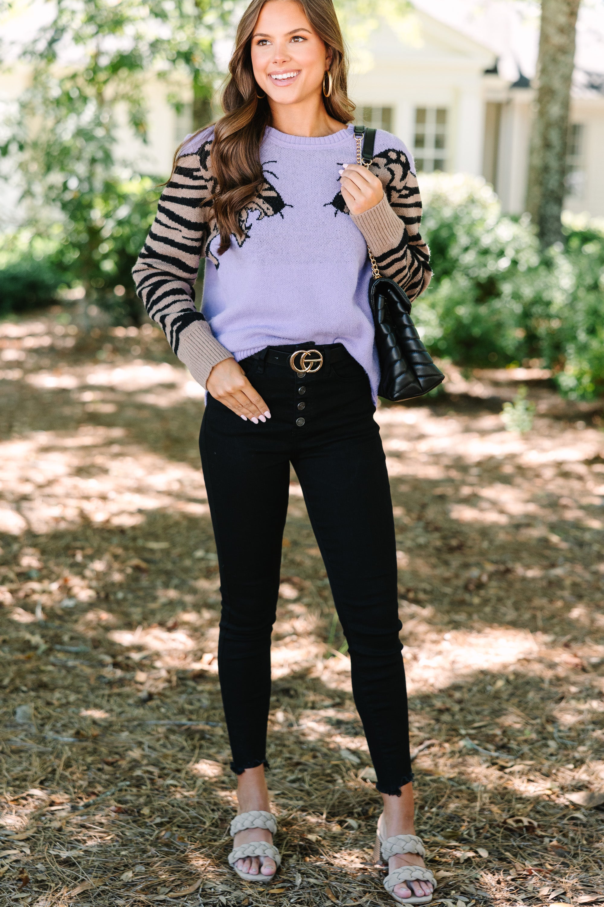 Lavender Purple Tiger Print Sweater for Women - Soft & Cozy Knit Pullover - Perfect for Casual Outfits, Date Nights & Fall Fashion