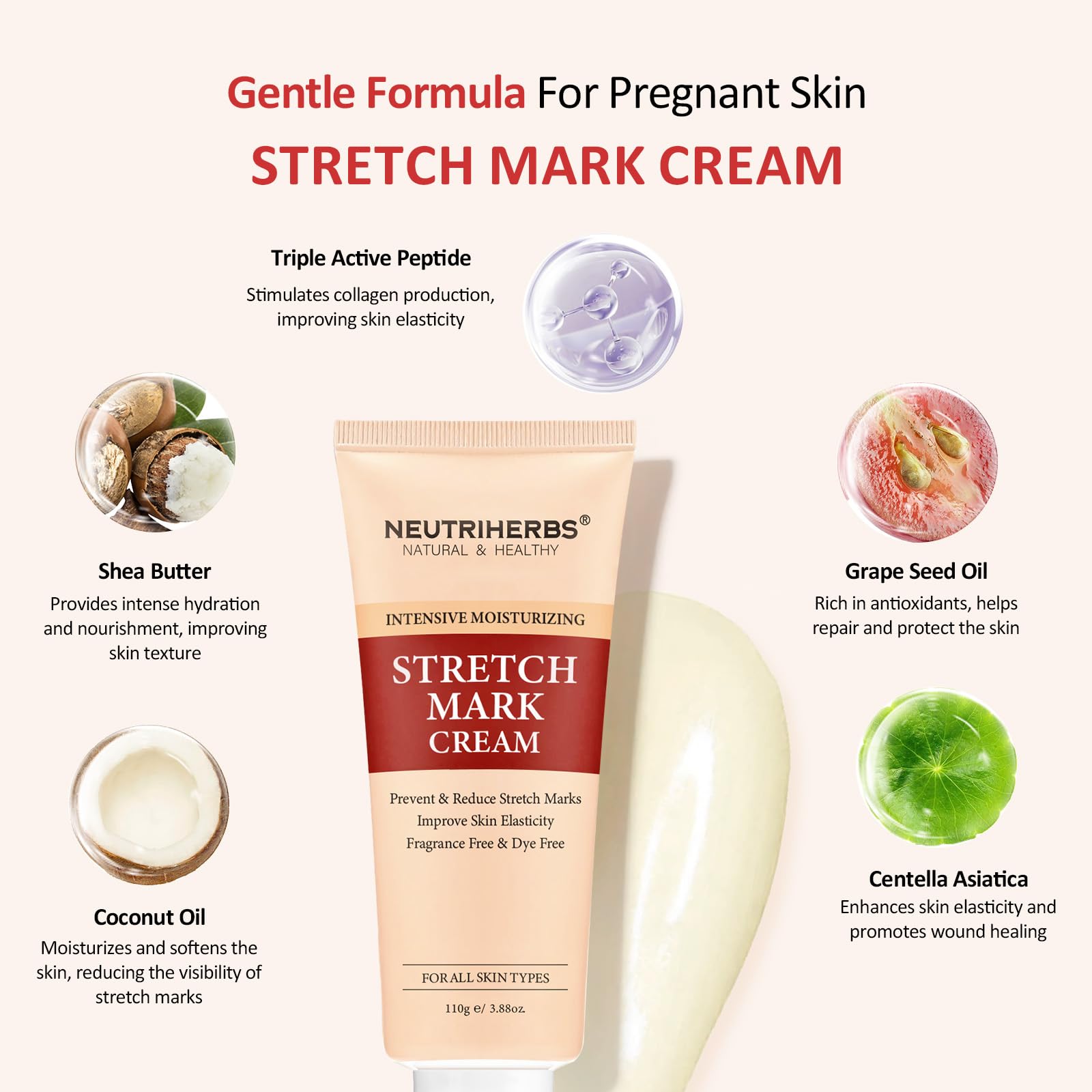 Neutriherbs Stretch Mark Cream for Pregnancy & Weight Loss - Shea Butter & Coconut Oil Belly Cream (3.88 Oz) - Moisturizing Skin Care for Moms & Postpartum Recovery