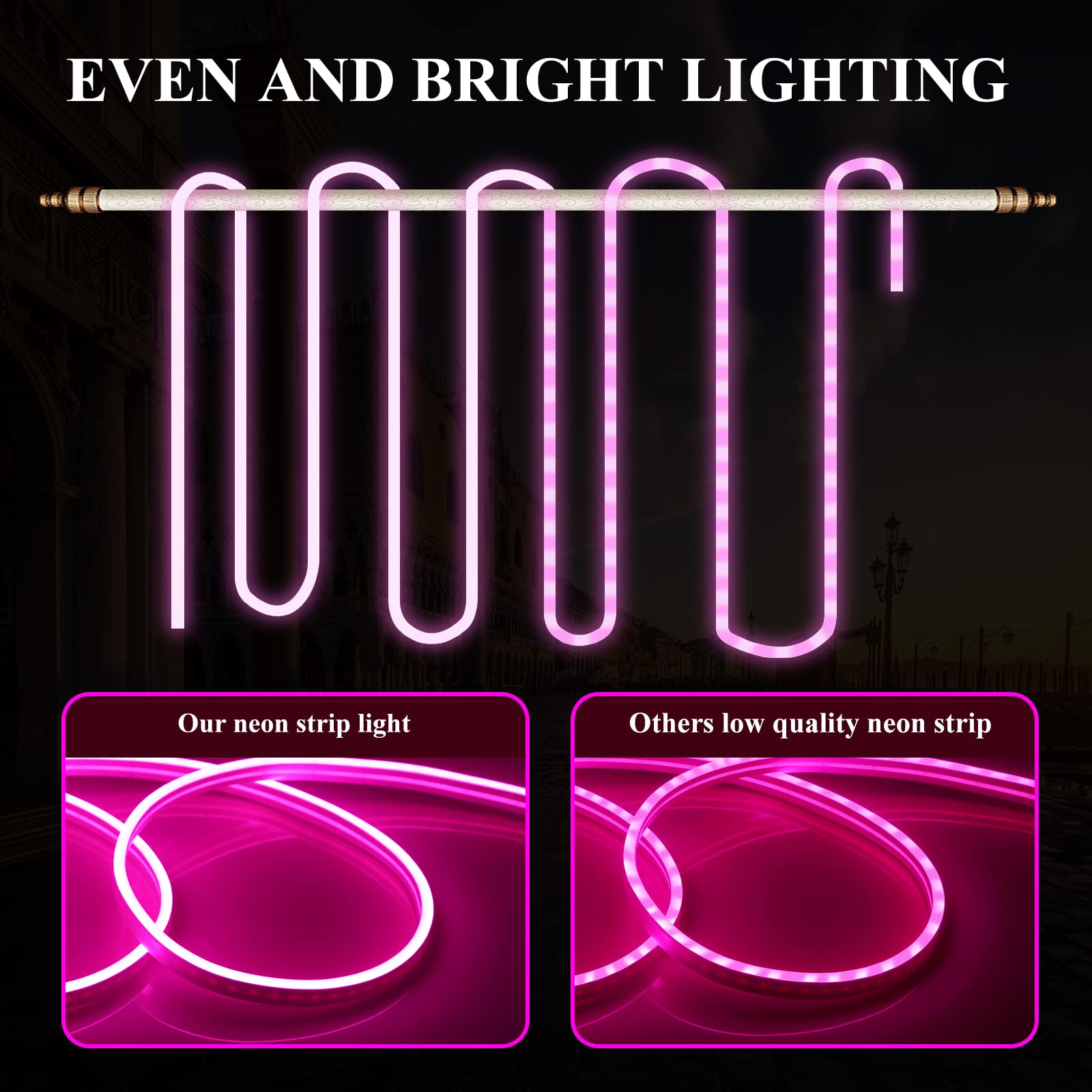 16.4ft Pink Neon LED Strip Lights - Waterproof 12V Flexible Rope Light for Indoor/Outdoor Decor, Bedroom, Party, Bar, Wedding & Holiday Lighting (Cuttable, Power Adapter Not Included)