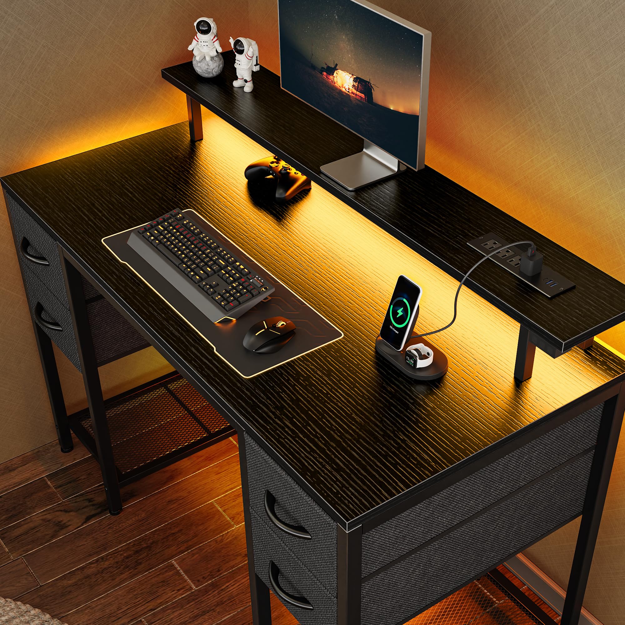 Huuger 47 inch LED Gaming Desk with Power Outlets & 4 Drawers - Black Home Office Computer Desk with Large Storage Space for Bedroom, Work from Home | Perfect for Gaming Setup, Remote Work & Study