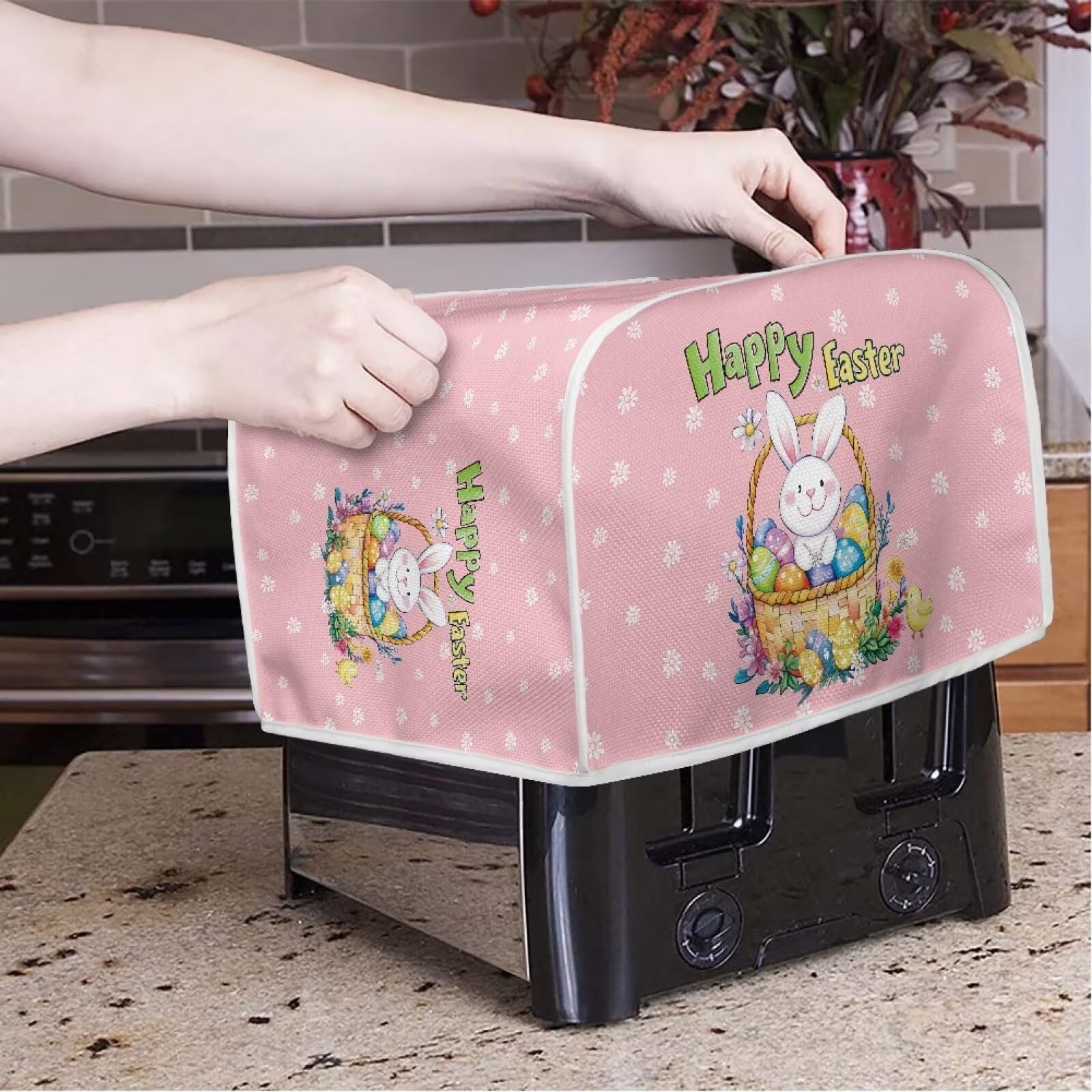 Xoenoiee 2 Slice Toaster Cover with Rabbit Daisy Easter Egg Print - Microwave & Toaster Oven Protector - Cute Kitchen Accessories for Easter Decor & Bread Maker Protection