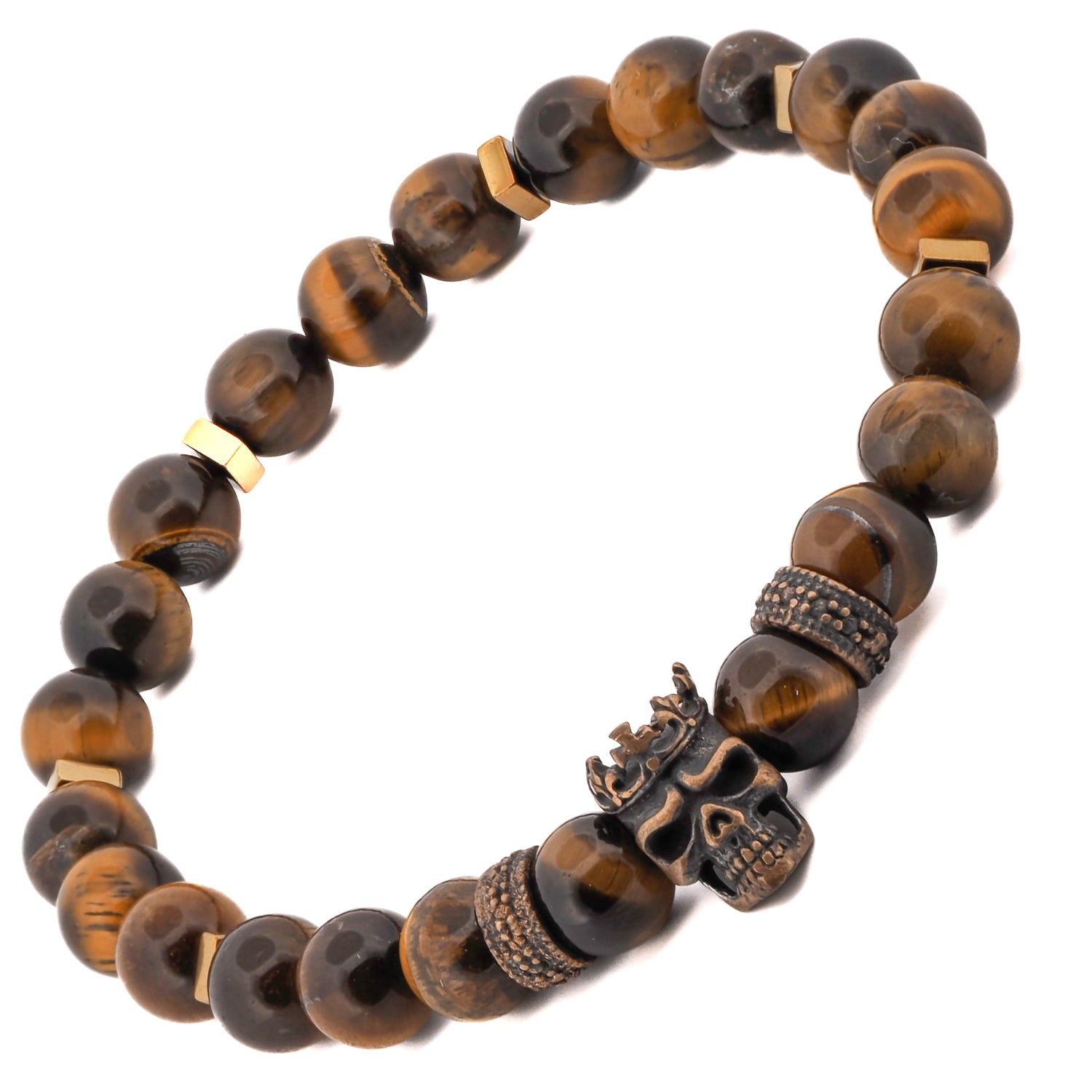 King Skull Tiger's Eye Stone Beaded Bracelet for Men - Natural Gemstone Protection Jewelry - Spiritual Healing & Fashion Accessory for Gifts, Meditation & Everyday Wear