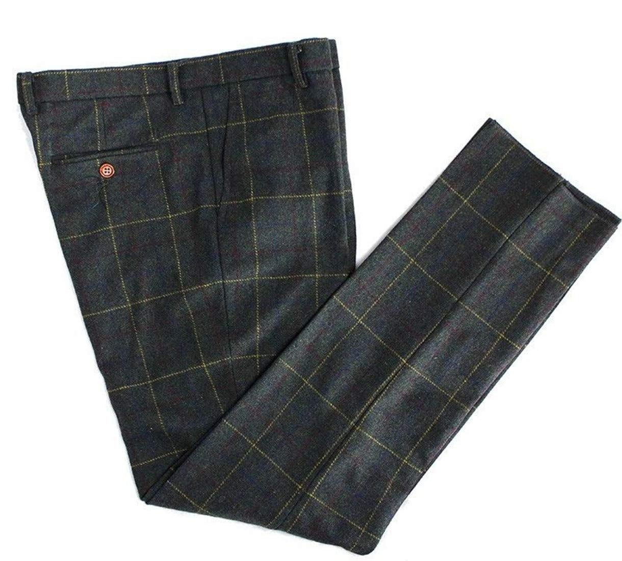 Men's Wool Blend Tweed Slim Fit Check Plaid Dress Pants - Classic Casual Suit Separates for Work, Office & Formal Occasions