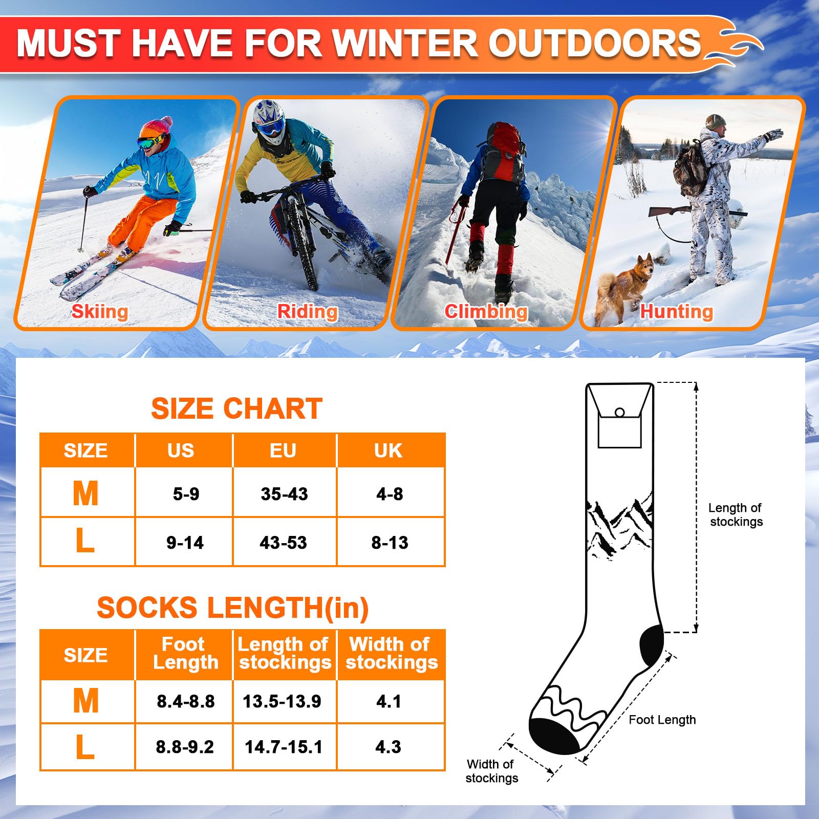 SNOW LEOPARD Rechargeable Heated Socks for Men & Women - 5000mAh Battery Electric Warming Socks with APP Control, Machine Washable Winter Foot Warmers for Skiing, Hiking, Riding & Outdoor Activities