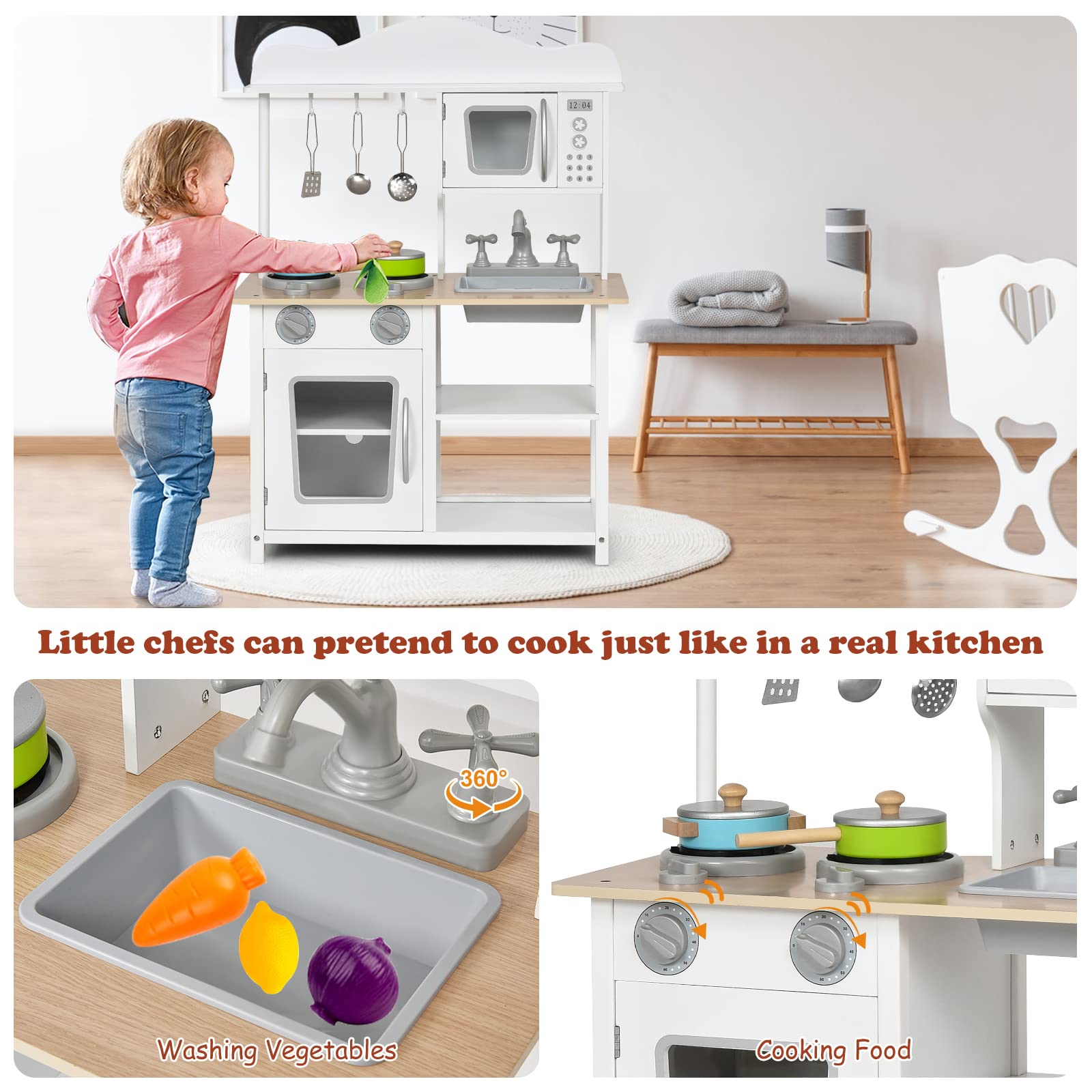 Costzon Wooden Kids Kitchen Playset with Sink, Oven, Microwave, Stove, Pots & Utensils - Pretend Play Kitchen Toy for Toddlers & Kids, Perfect Gift for Boys & Girls, Ideal for Home, Preschool & Daycare Playrooms
