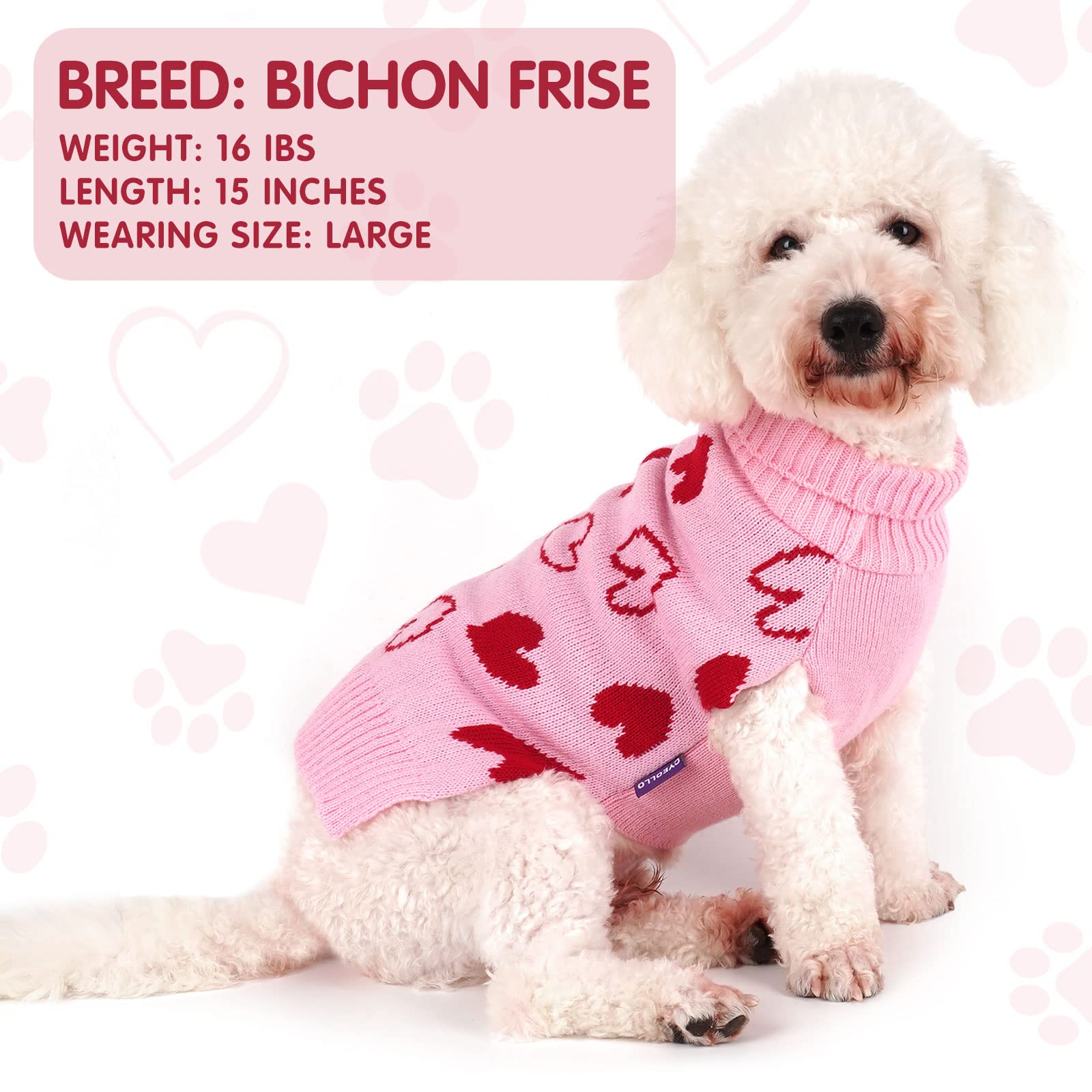 Cute Valentines Day Dog Sweater with Leash Hole - Pink Heart Pattern Turtleneck Pullover Pet Apparel for Small Dogs | Holiday Outfit for Puppies | Perfect for Valentine's Dates, Christmas Photos & Winter Walks