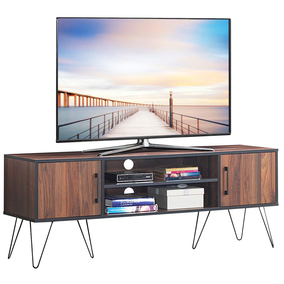 Tangkula 59 Inch Retro TV Stand with 6 Metal Legs - Modern Entertainment Center for 65 Inch TVs, Adjustable Shelf & 2 Cable Holes - Media Storage Cabinet for Living Room, Bedroom & Home Theater Setup