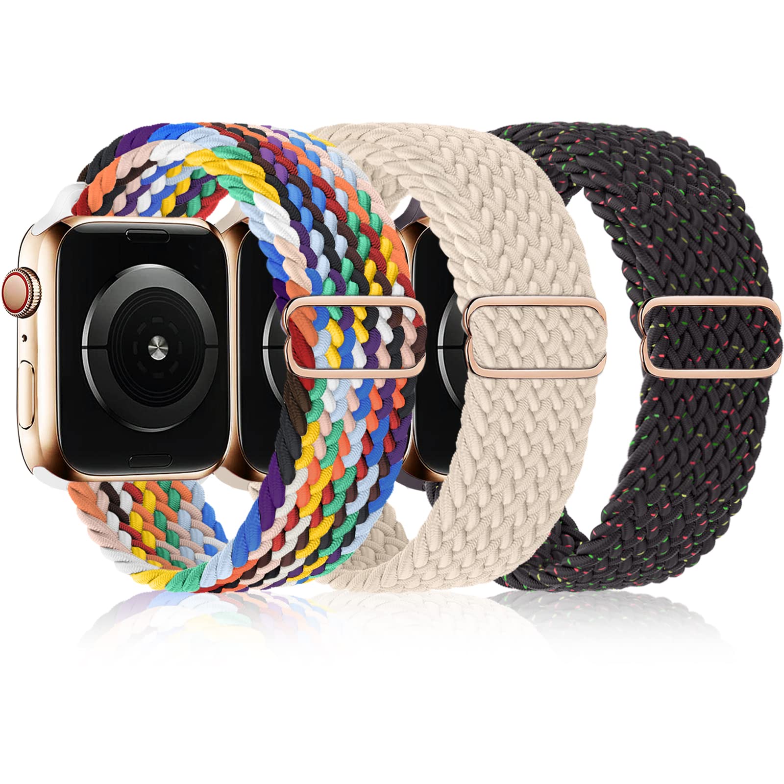 3 Pack Braided Solo Loop Compatible with Apple Watch Band 38mm 40mm 41mm for Women & Men - Adjustable Stretchy Nylon Strap for iWatch Series Ultra/SE/8/7/6/5/4/3/2/1 - Pride Edition/Starlight/Black Unity - Perfect for Workouts, Running & Everyday Wear