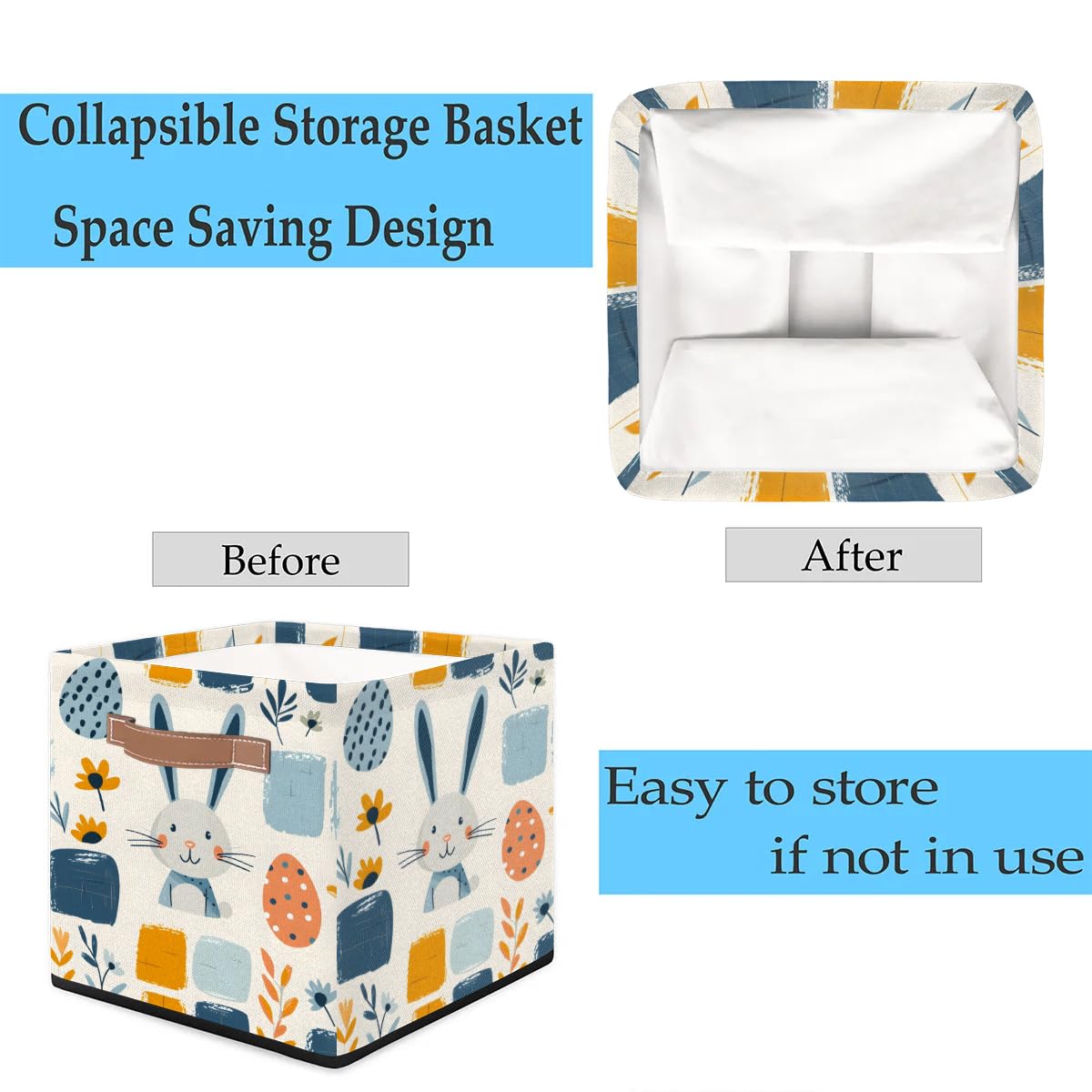 Collapsible Fabric Cube Storage Bins with Handles - Easter Rabbit Design Organizer Baskets for Shelves, Toys, Towels & Closet Organization | Perfect for Home, Nursery & Office Storage Solutions