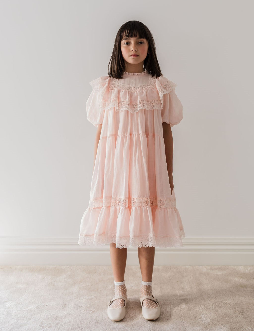 Petite Amalie Short Sleeve Poppy Lace Trim Soft Peach Dress - Perfect for Spring Weddings & Garden Parties