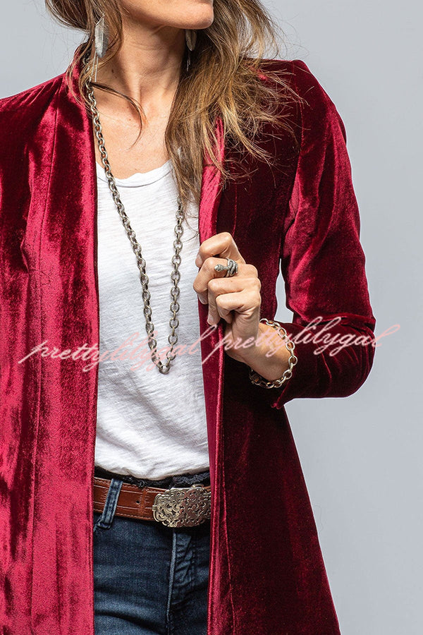 Vintage Velvet Long Loose Pocket Slit Coat - Women's Elegant Trench Coat with Pockets for Fall Winter Fashion, Perfect for Office, Date Night and Special Occasions
