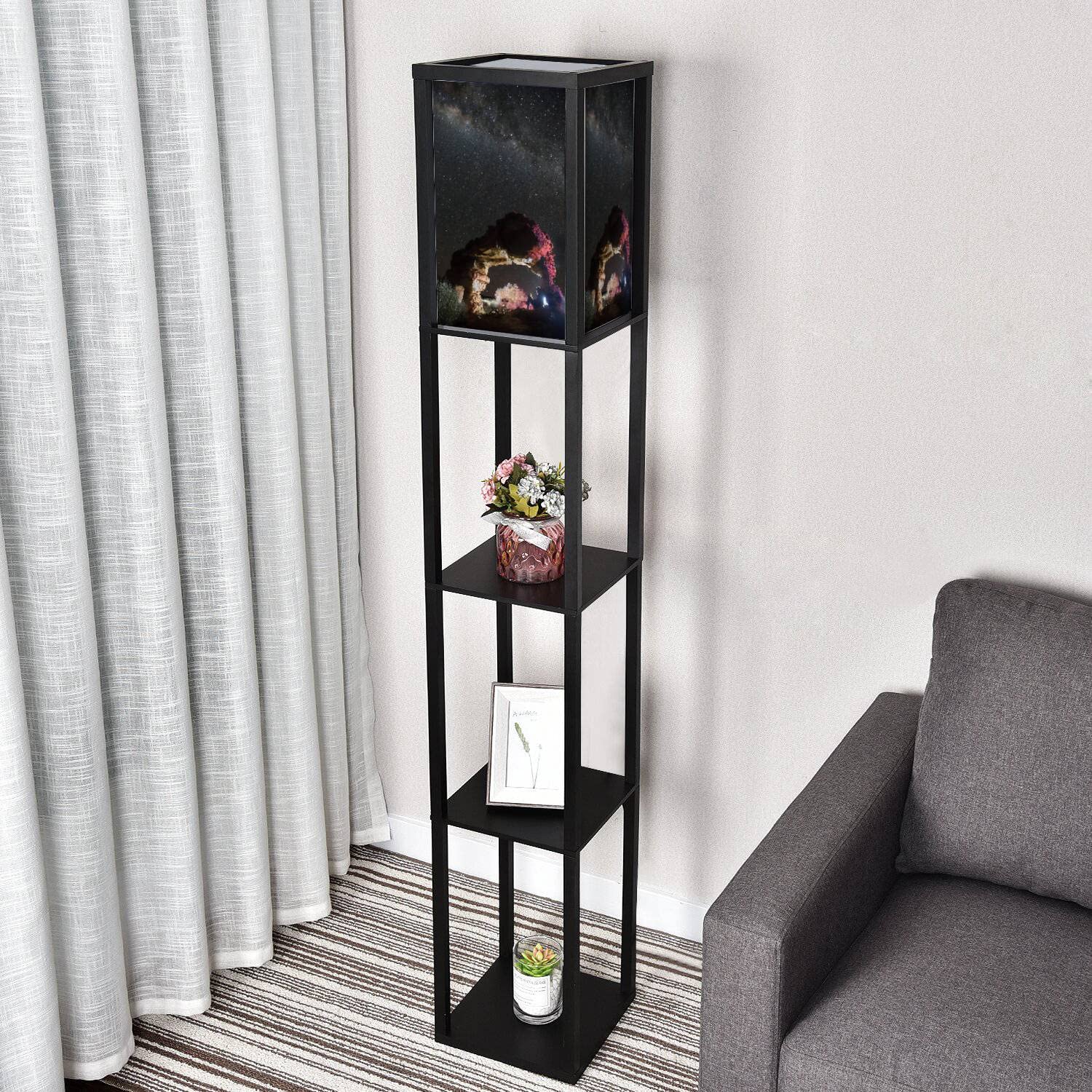 3-Tier Corner Floor Lamp with Shelves - Adjustable LED Standing Light with 3 Color Temperatures (Warm/White/Cool), Linen Lampshade for Living Room, Bedroom & Office - Space-Saving Reading Light with Storage Shelves for Books & Decor