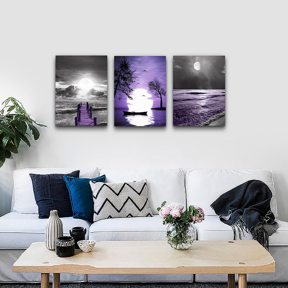 Lapremoly 3-Panel Canvas Wall Art - Black and White Purple Ocean Landscape Painting for Living Room, Bedroom, Office Decor | Modern Farmhouse Wall Decor | Perfect for Home, Apartment & Workspace