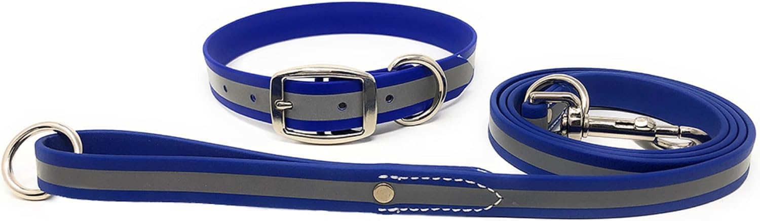Regal Dog Products Large Blue Reflective Dog Collar and Leash Set - Waterproof Biothane Dog Collar with Heavy Duty Double Buckle, D Ring & 5ft Leash - Perfect for Medium & Large Dogs - Ideal for Night Walks, Hiking, and Outdoor Adventures