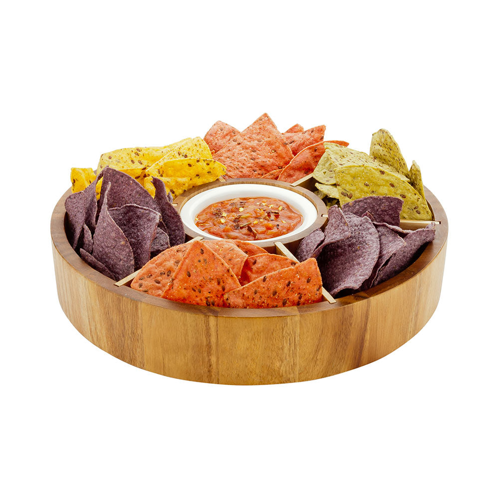 Premium Acacia Wood Chip and Dip Serving Tray with 6 Compartments & Porcelain Bowl - 12
